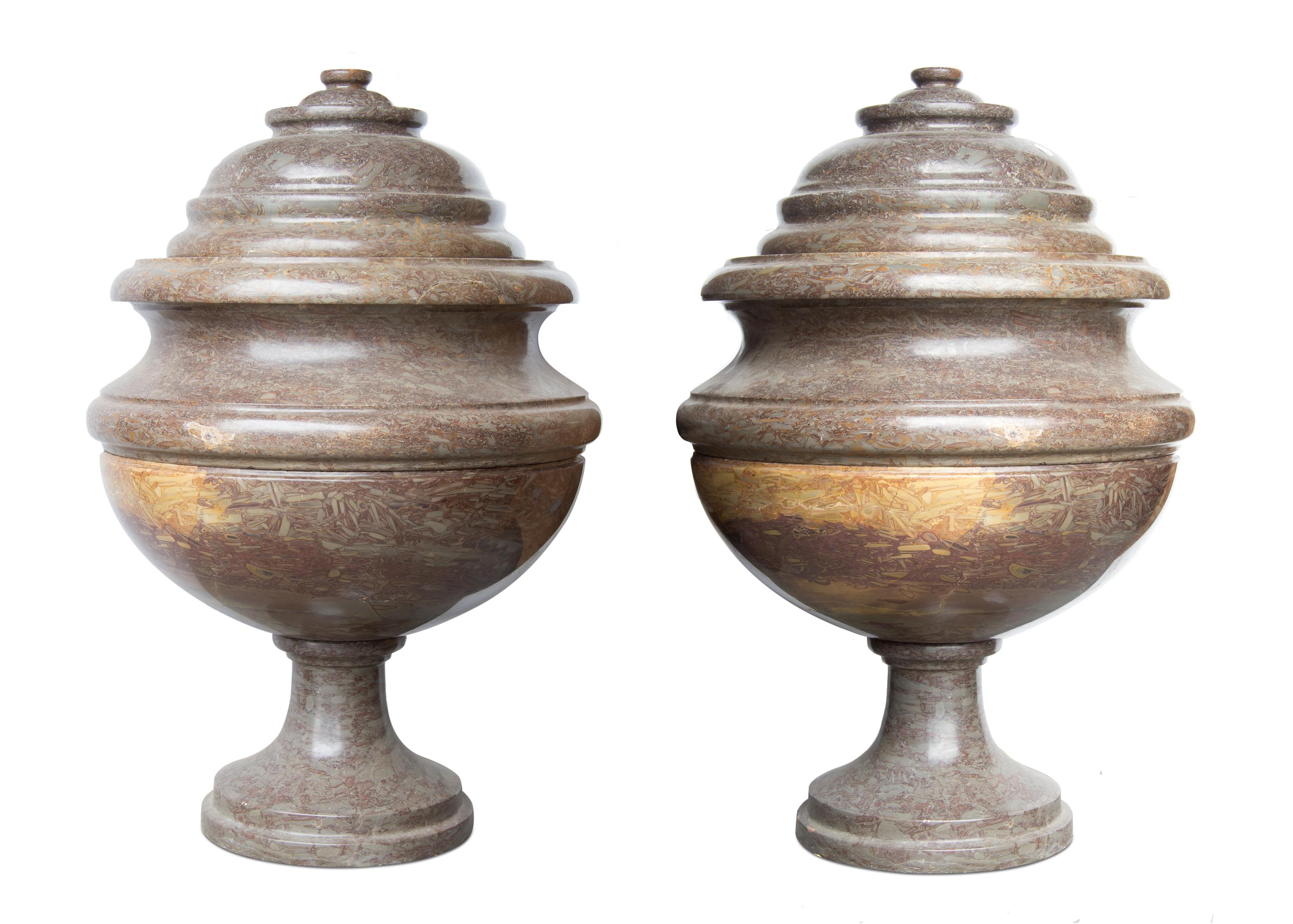 A Pair of Continental Turned Marble Urns, Height 35 1/2 inches.