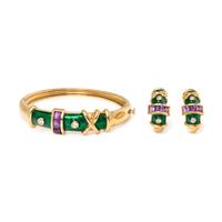 YELLOW GOLD, AMETHYST, DIAMOND AND ENAMEL SET