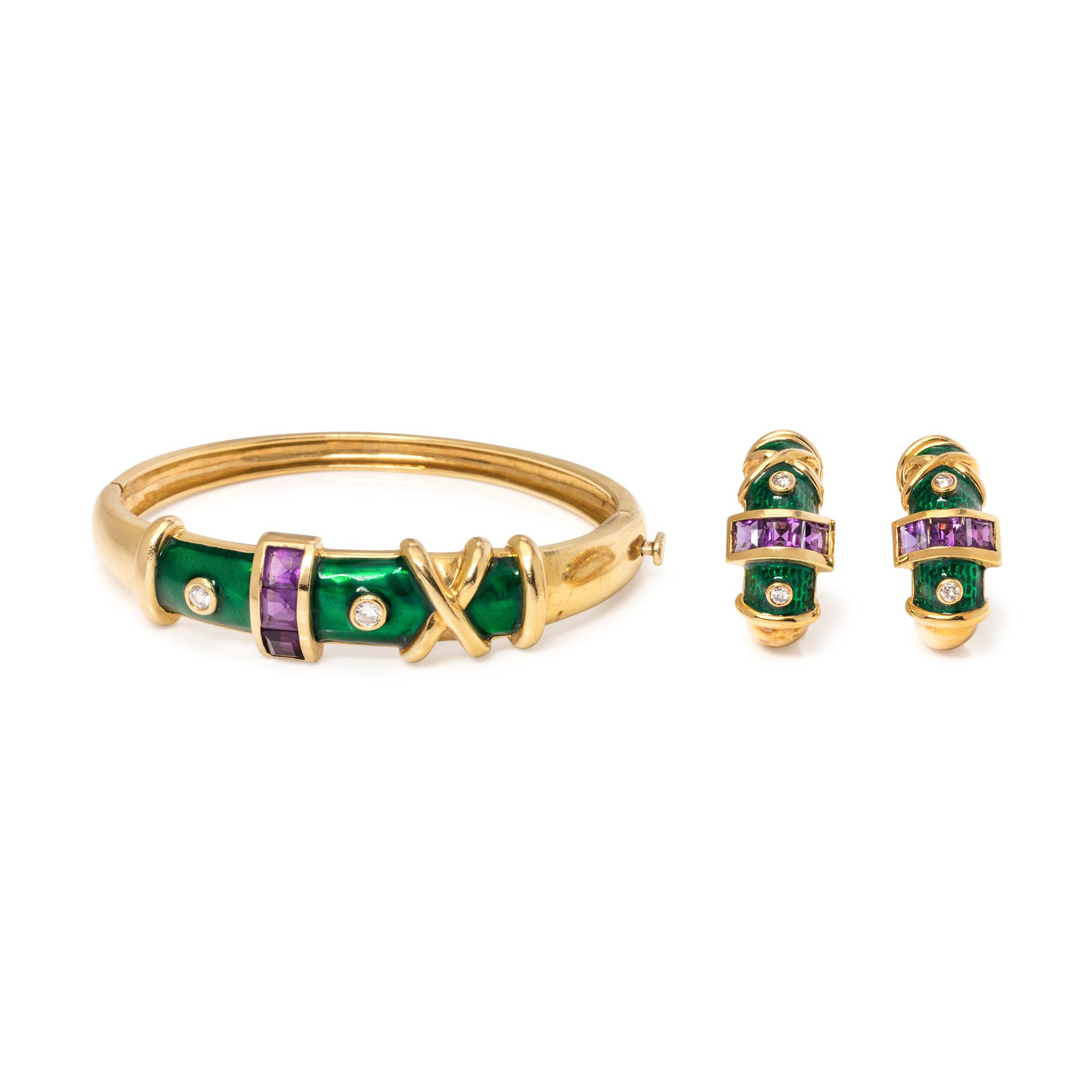 YELLOW GOLD, AMETHYST, DIAMOND AND ENAMEL SET