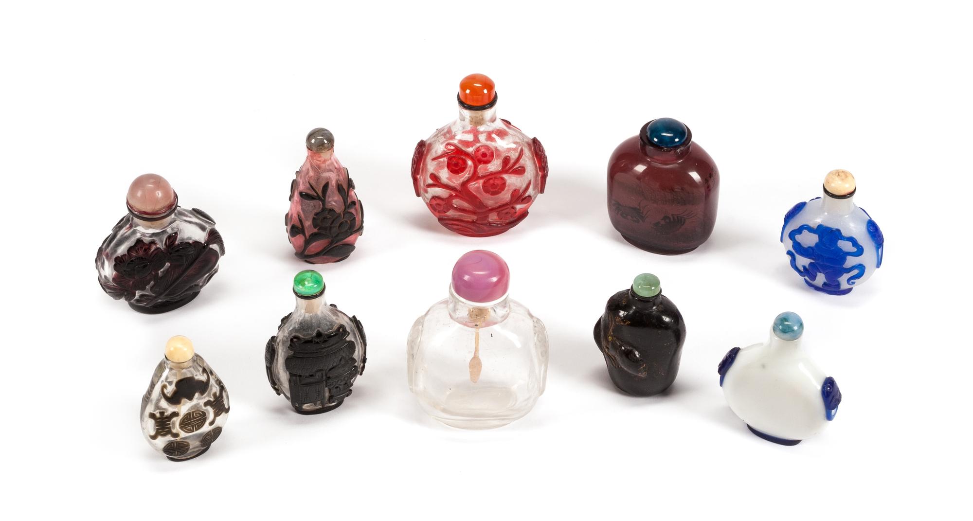 Ten Chinese Snuff Bottles Height of tallest 3 inches.