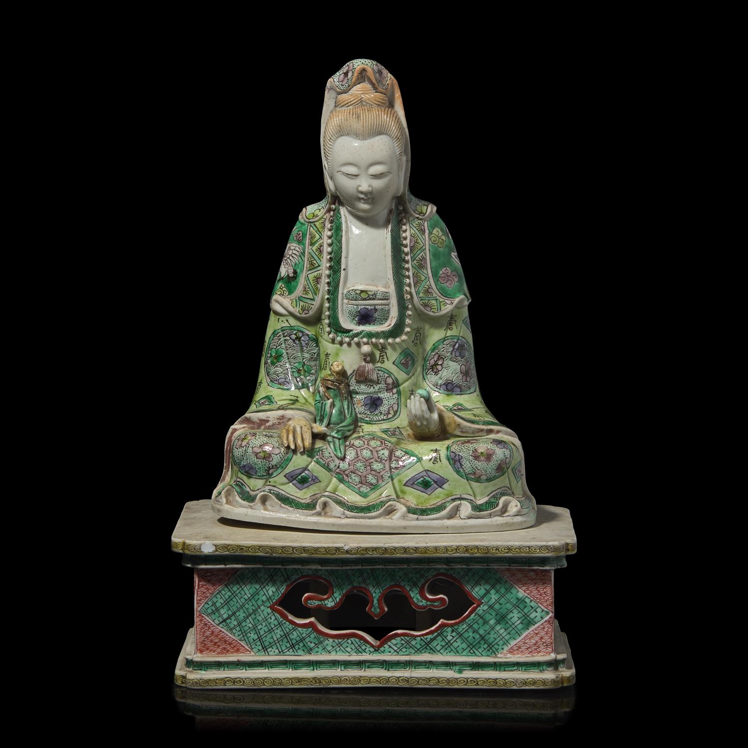 A Chinese Enameled Biscuit Figure of Guanyin Seated, with Associated Stand, Qing Dynasty 清 素三彩觀音坐像 帶木座