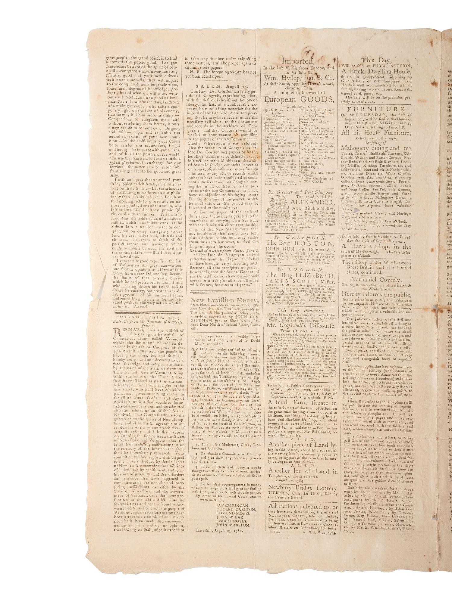 [VERMONT STATEHOOD]. Independent Chronicle and the Universal Advertiser. Vol. XVI, No. 831. Boston, MA: Adams and Nourse, 26 August 1784.