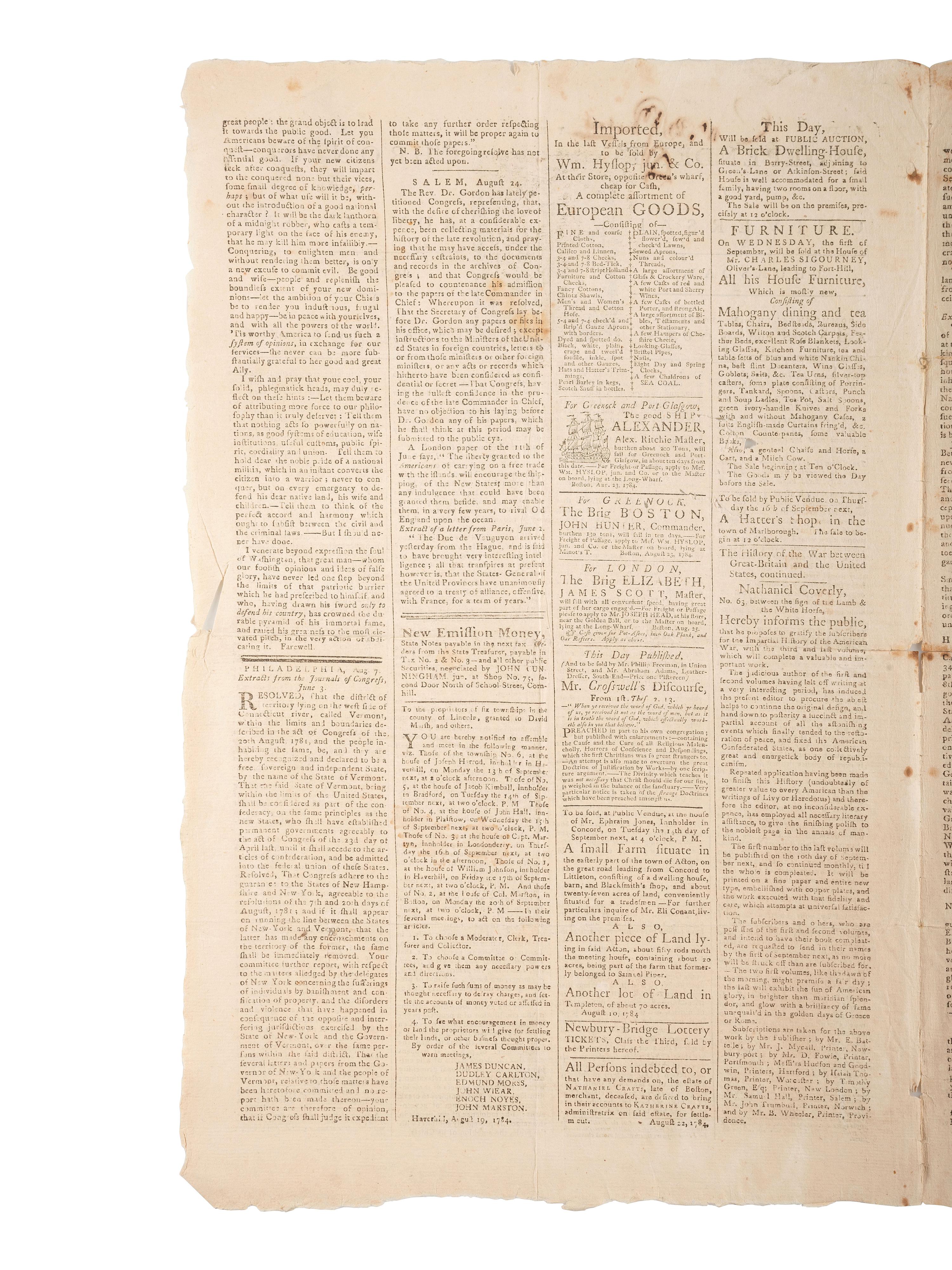 [VERMONT STATEHOOD]. Independent Chronicle and the Universal Advertiser. Vol. XVI, No. 831. Boston, MA: Adams and Nourse, 26 August 1784.