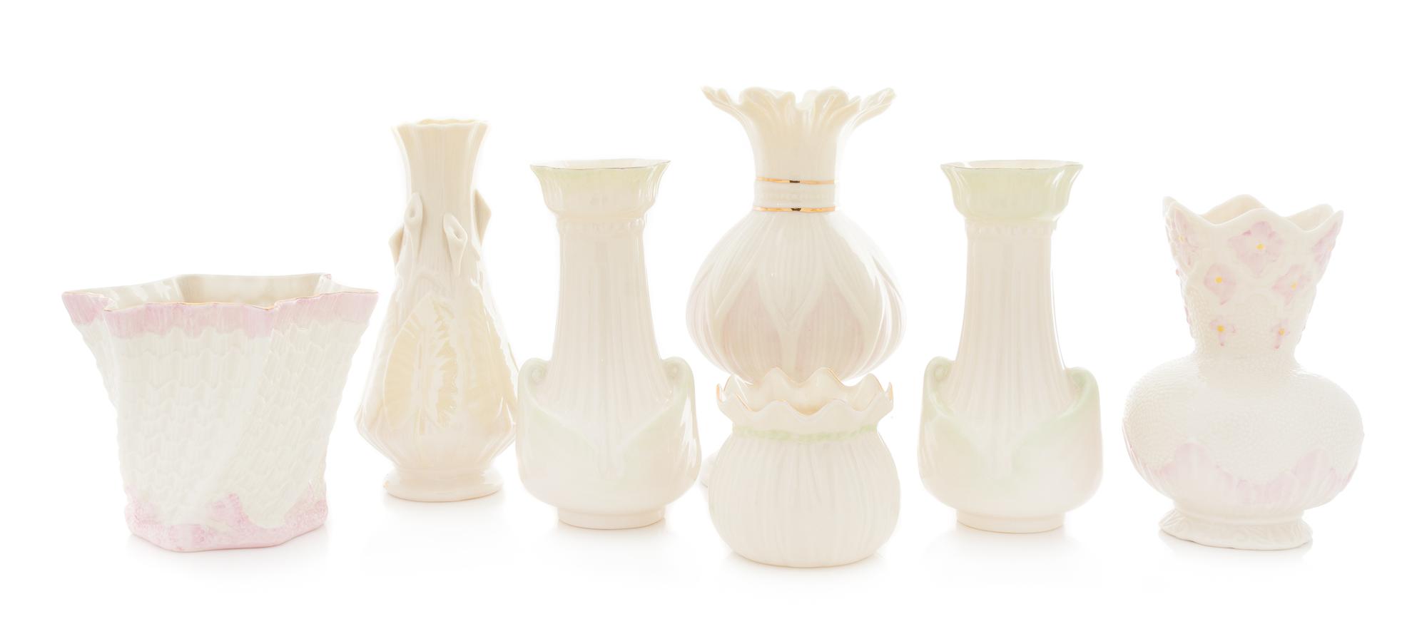 Seven Belleek Vases Height of tallest 8 inches. — SEVENTH GOLD MARK (1980-1993)