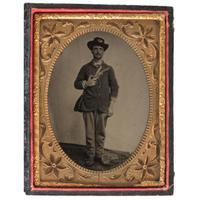 Quarter Plate Tintype of Union Private Holding a Colt Navy Pistol