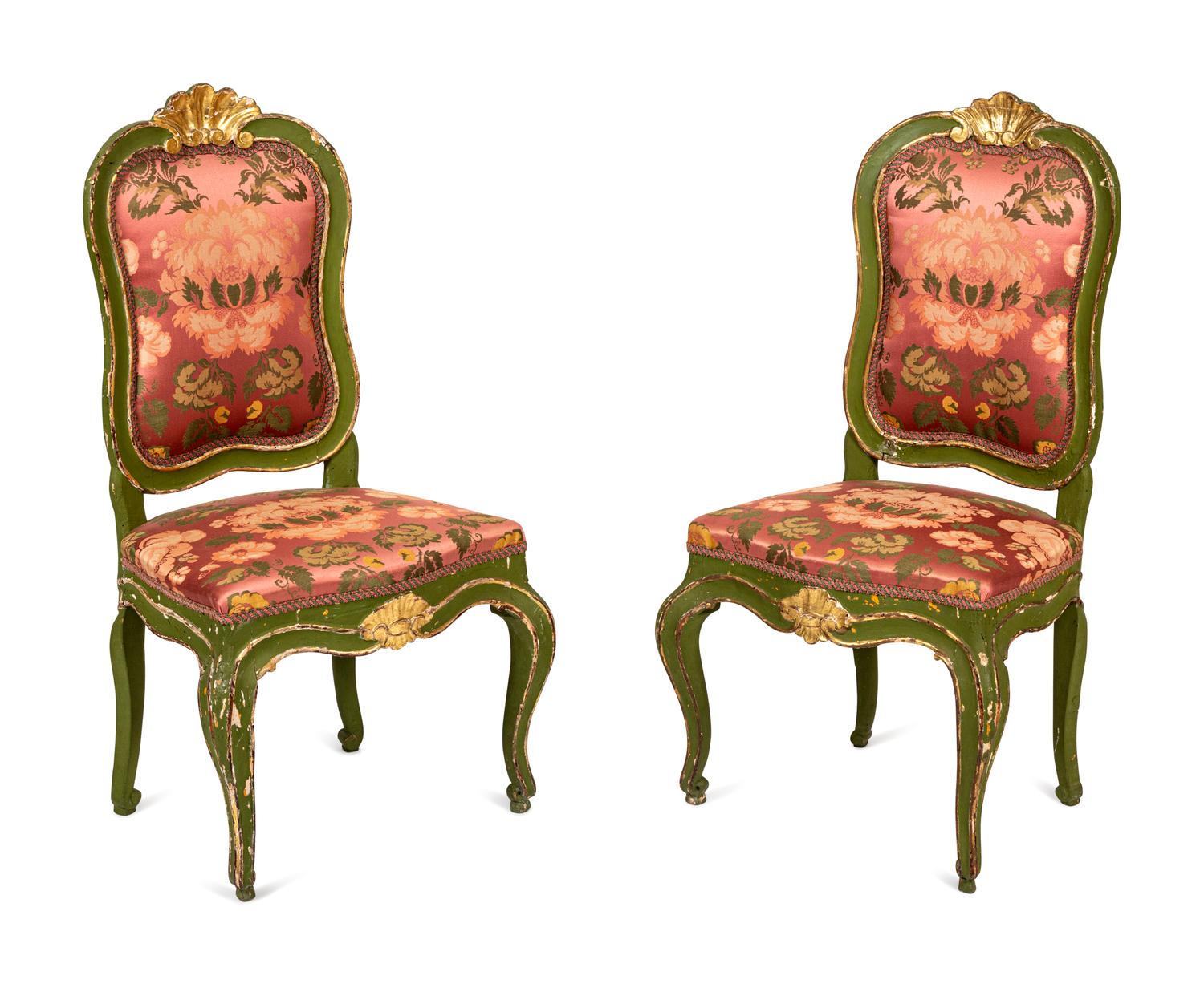 A Pair of Continental Green-Painted and Parcel-Gilt Side Chairs