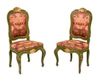 A Pair of Continental Green-Painted and Parcel-Gilt Side Chairs