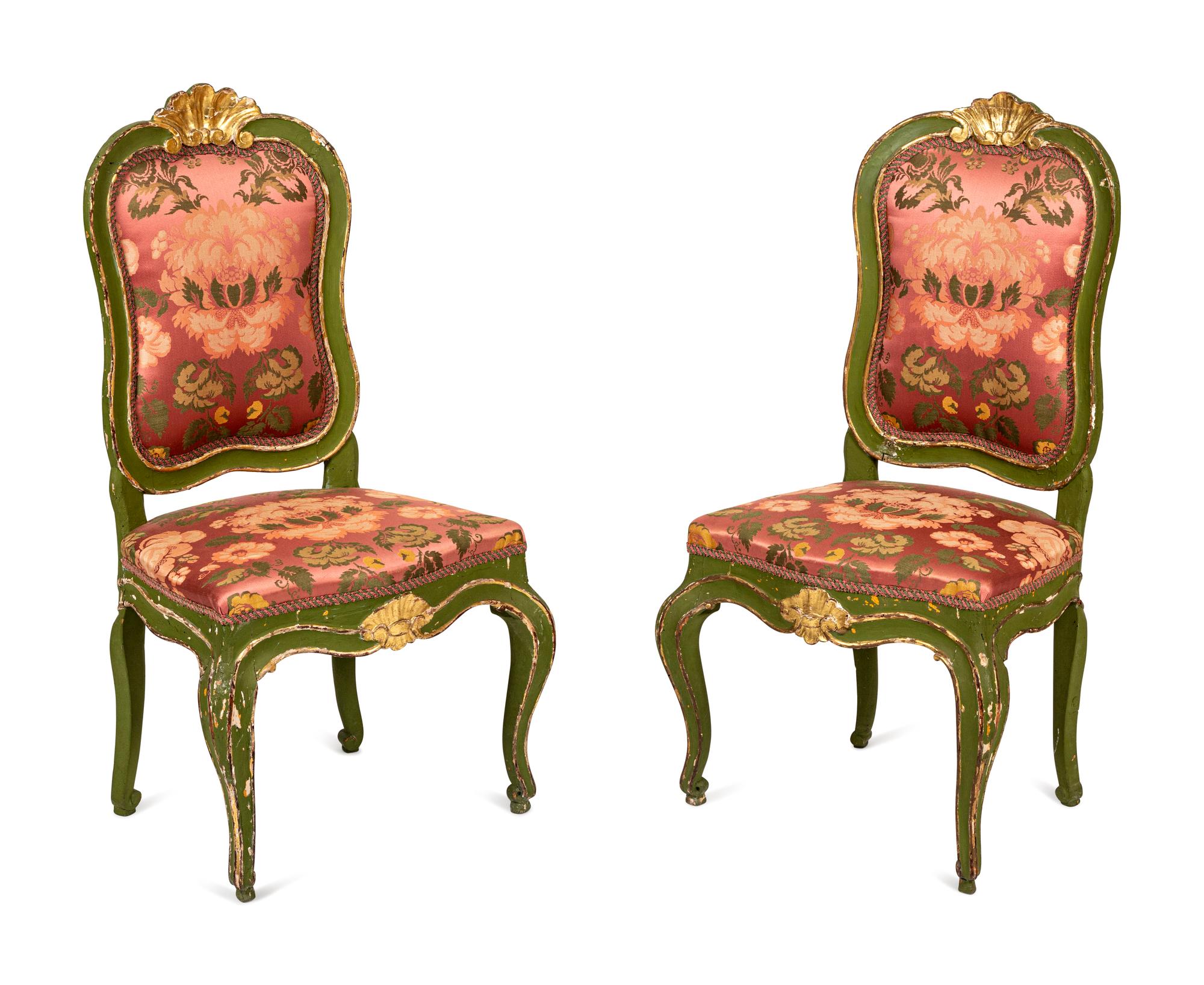 A Pair of Continental Green-Painted and Parcel-Gilt Side Chairs