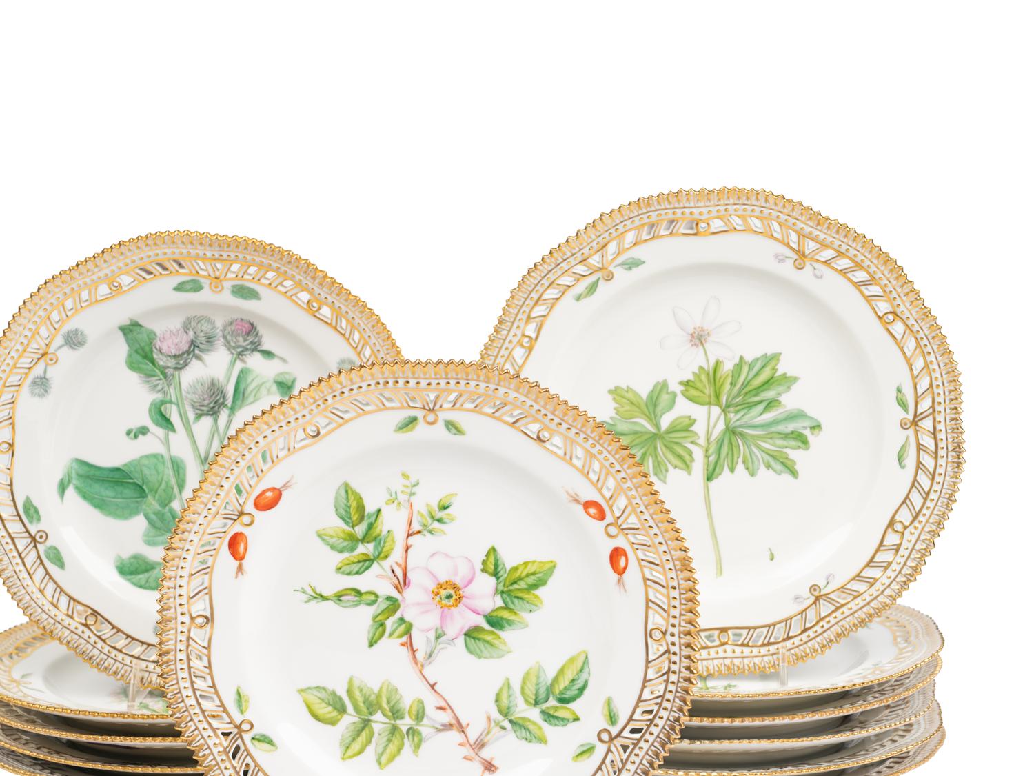A Set of Twelve Royal Copenhagen Flora Danica Reticulated Porcelain Dessert Plates