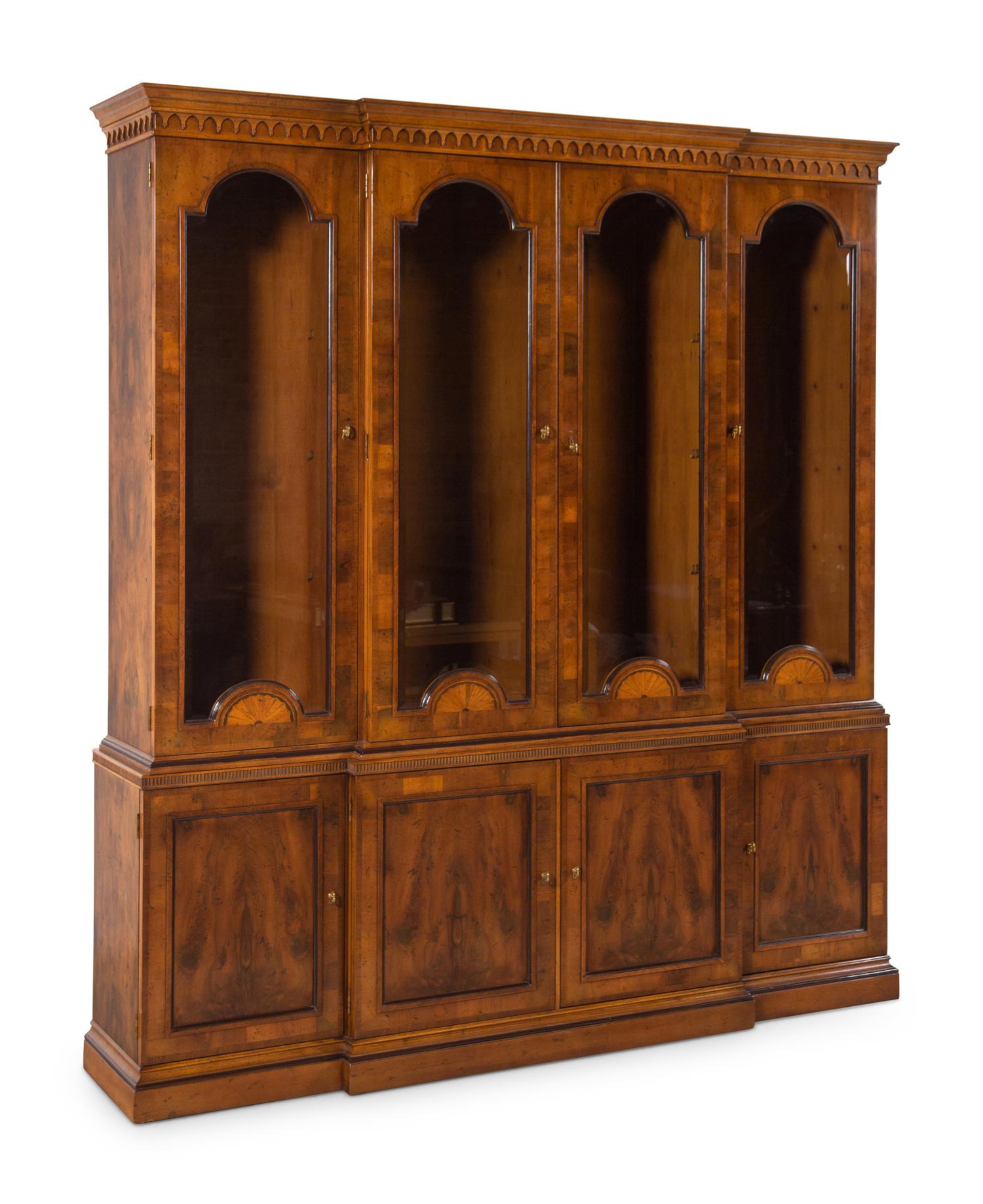 A George III Style Mahogany and Satinwood Marquetry Breakfront Bookcase