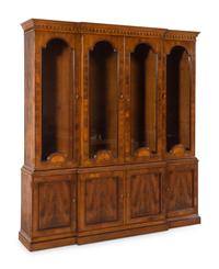 A George III Style Mahogany and Satinwood Marquetry Breakfront Bookcase