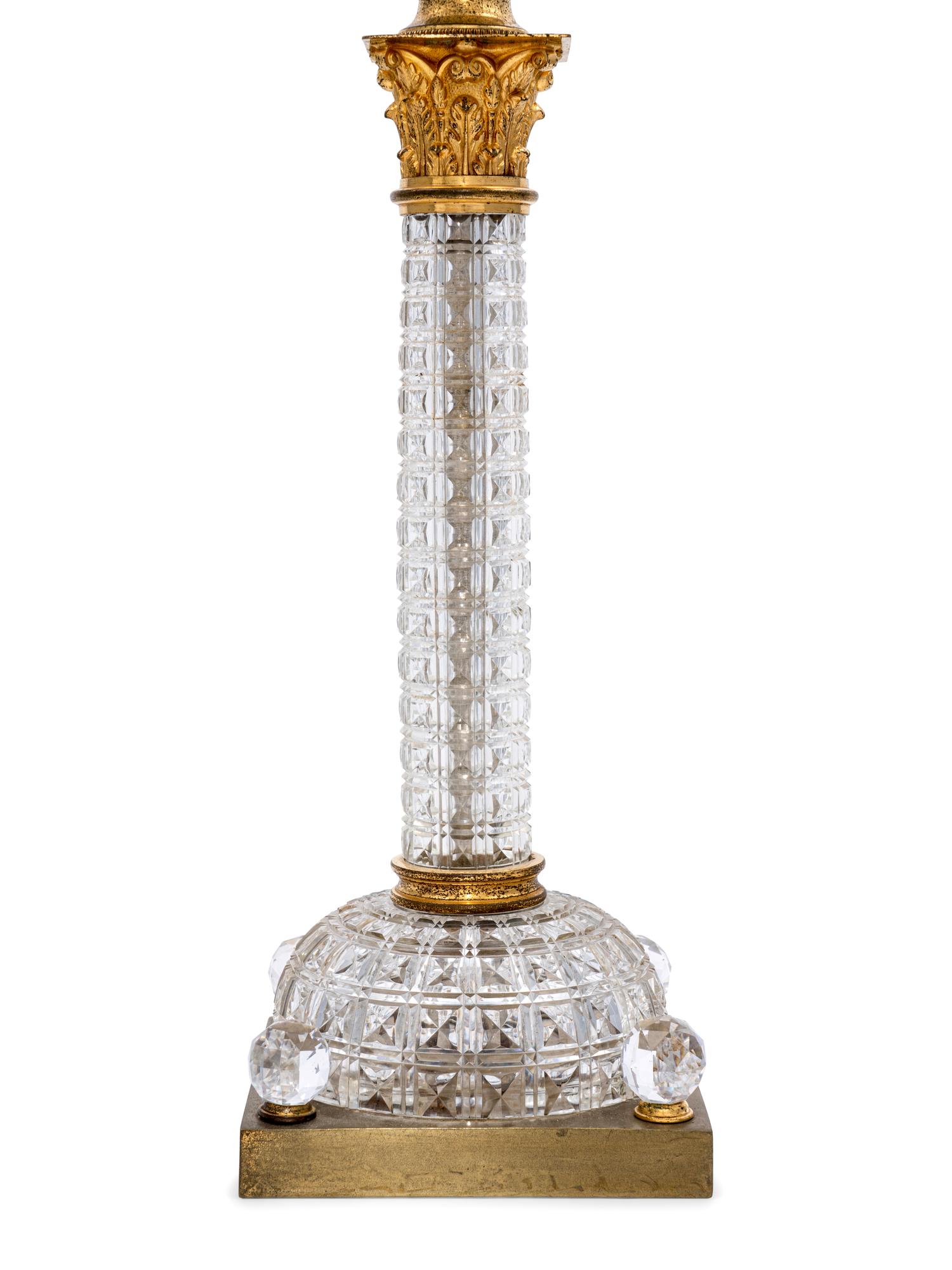 An English Gilt Metal Mounted Cut Glass Fluid Lamp Converted to Electricity