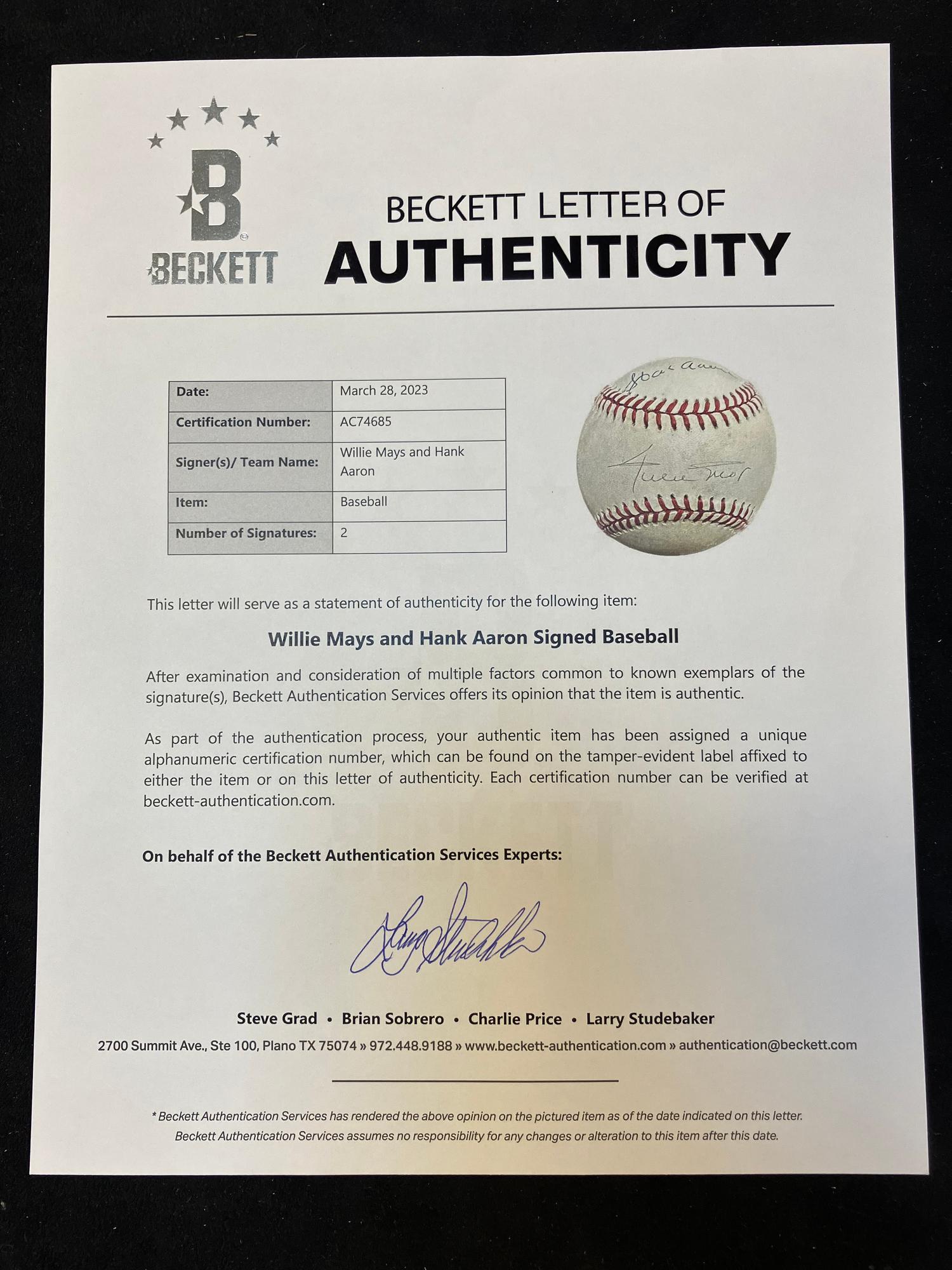 A Willie Mays and Hank Aaron Dual Signed Autograph Baseball (Beckett Authentication Services Letter),