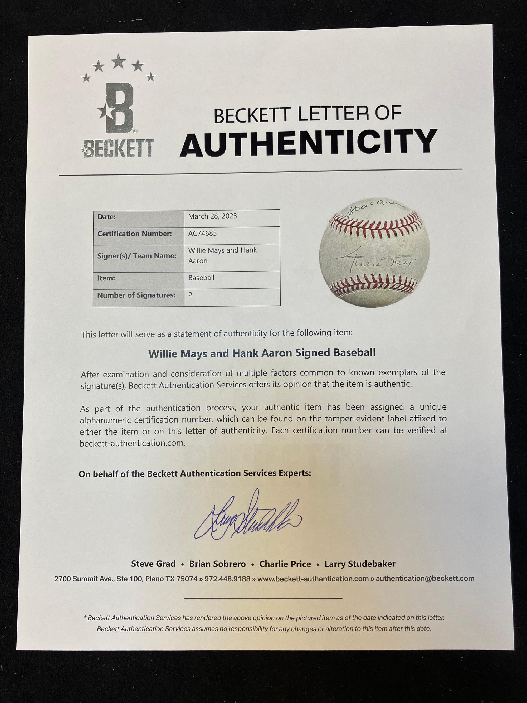 A Willie Mays and Hank Aaron Dual Signed Autograph Baseball (Beckett Authentication Services Letter),