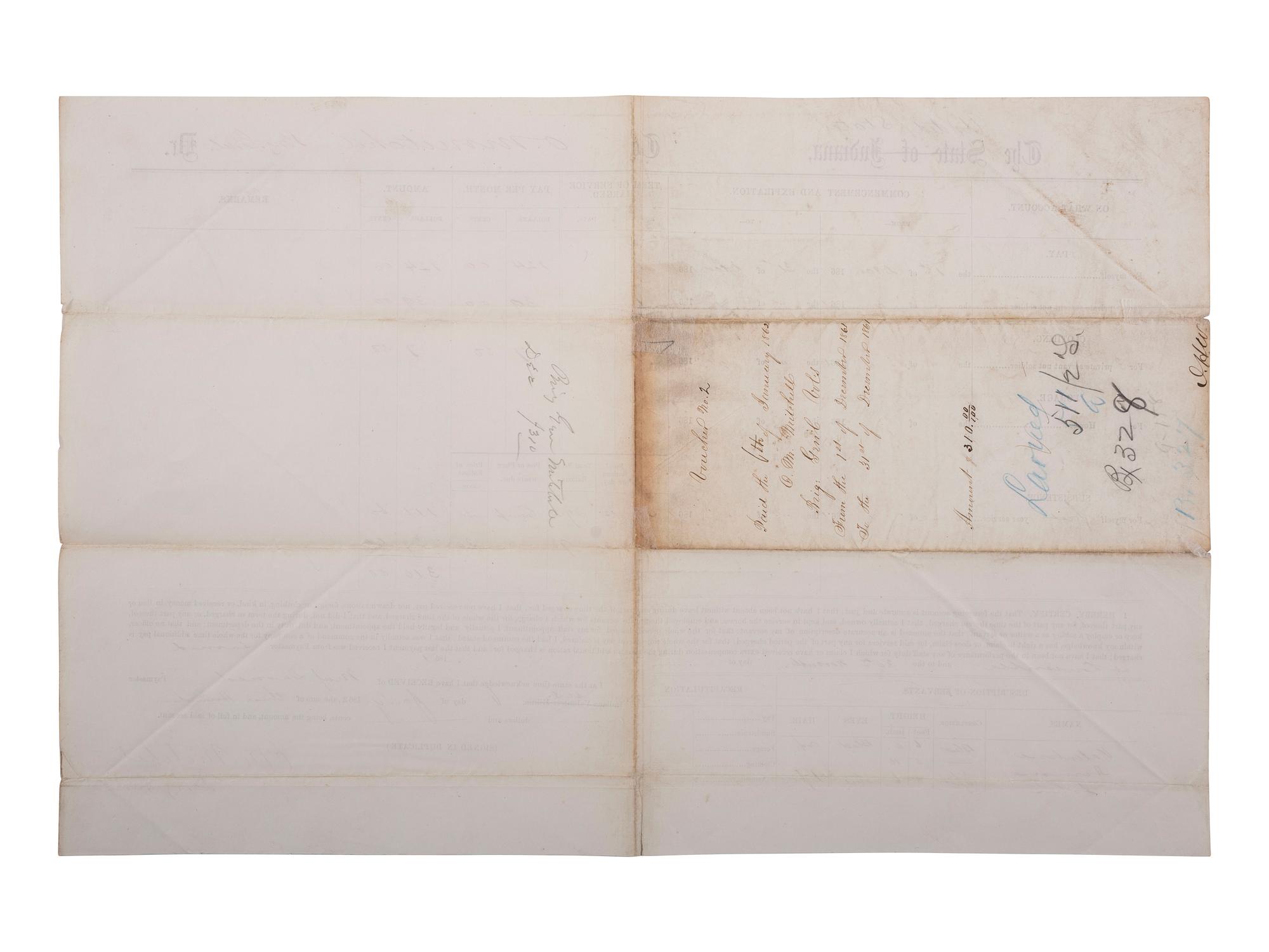 [AFRICAN AMERICANA] -- [CIVIL WAR]. A Union pay voucher signed by Brigadier General O.M. Mitchel, with a listing of African American servants "Valentine" and "Simon." 6 January 1862.