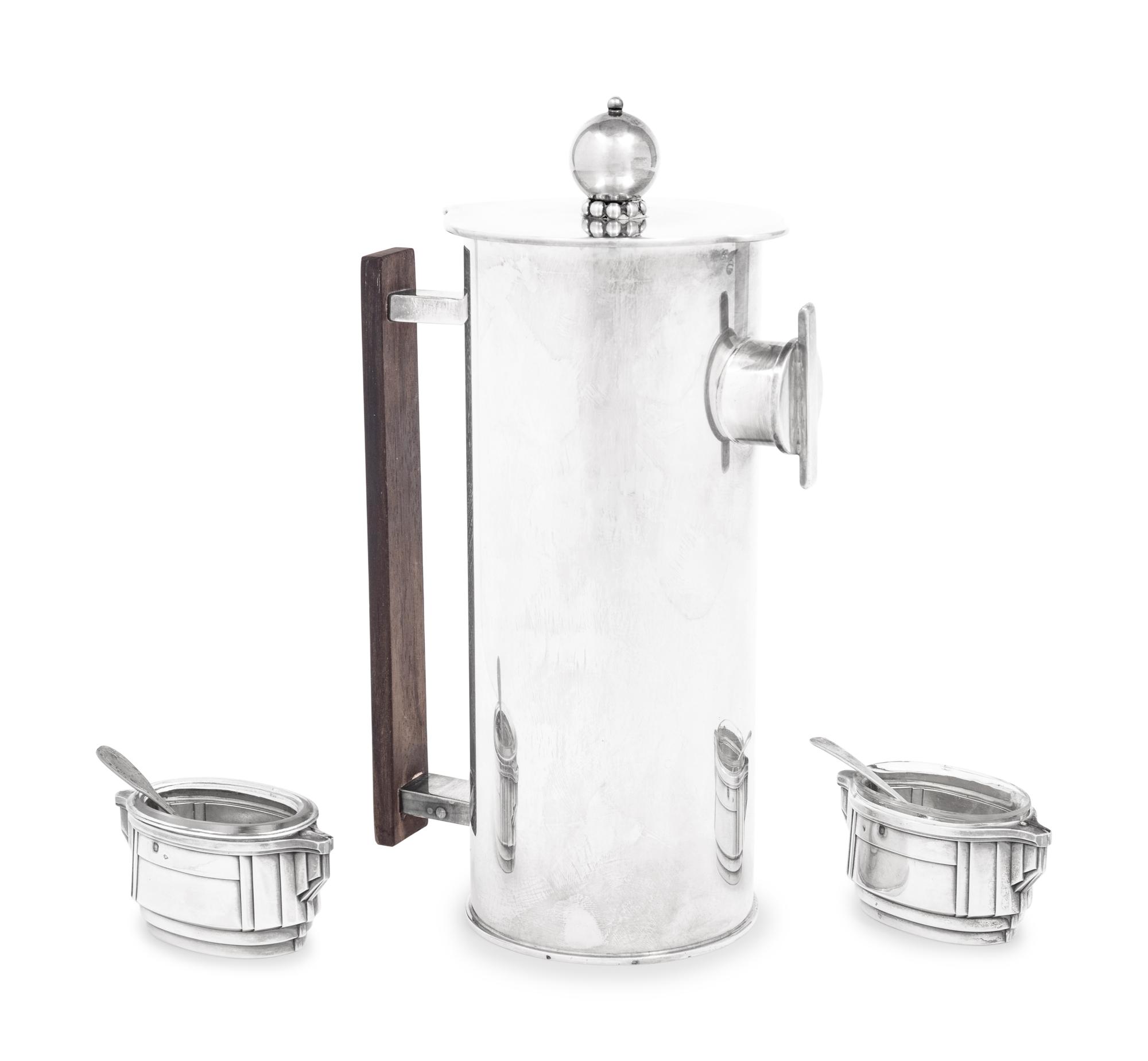An Art Deco Style Silver-Plate Cocktail Pitcher and a Pair of French Silver Salt Cellars
