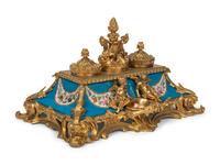 A French Gilt Bronze and Porcelain Ink Stand