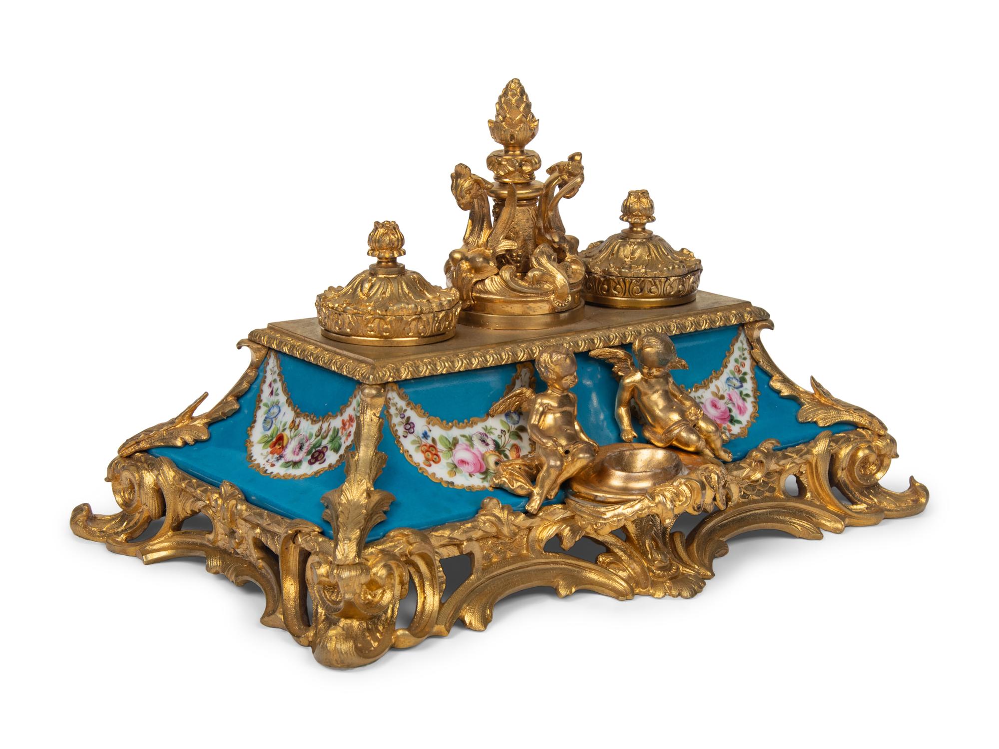 A French Gilt Bronze and Porcelain Ink Stand