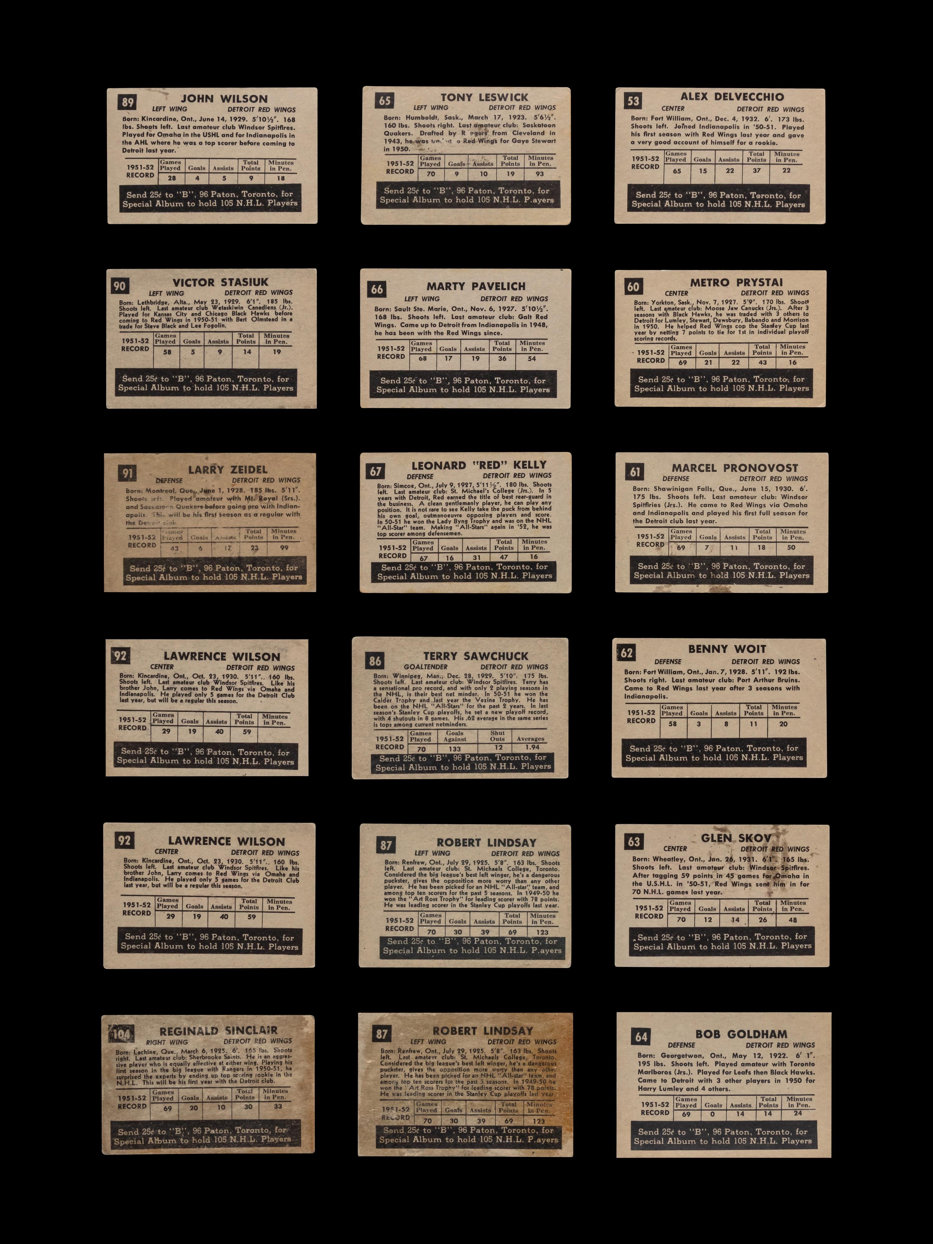 A Collection of Detroit Red Wings 1952 Parkhurst Hockey Cards (18)