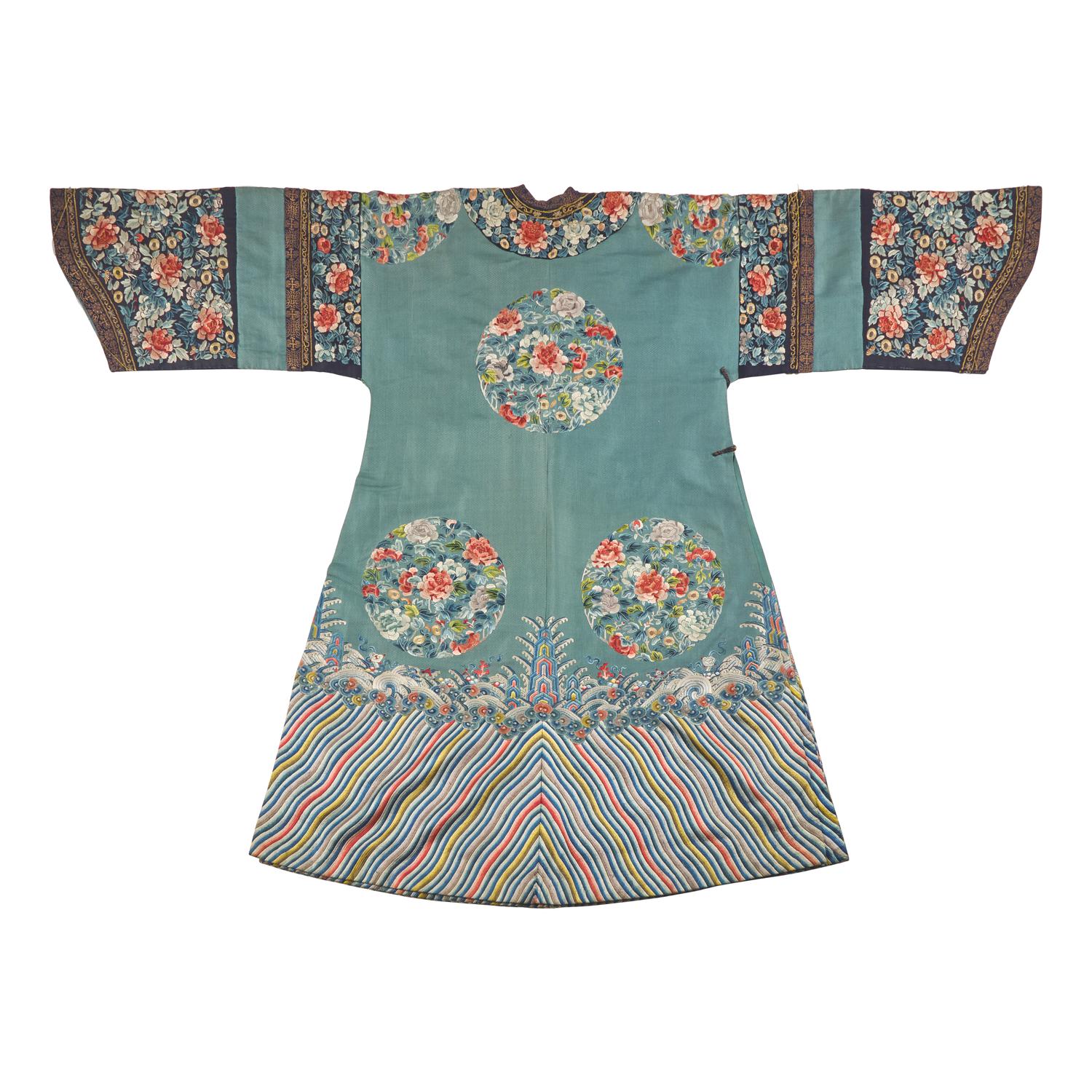 A Chinese Green Gauze Embroidered Lady's Informal Robe, Jifu, 19th Century — 清中晚期 綠地納紗八團牡丹花卉紋女吉服袍