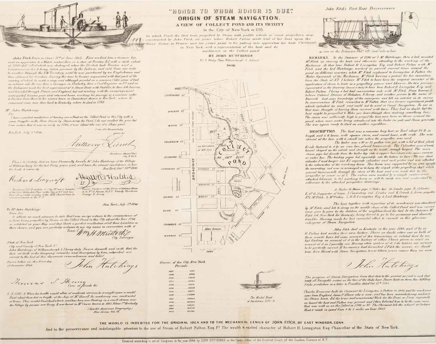 [TRANSPORTATION] -- [NEW YORK CITY.] HUTCHINGS, John. "Honor to Whom Honor is Due." Origin of Steam Navigation. Williamsburgh, Long Island, [NY]: John Hutchings, 1846.