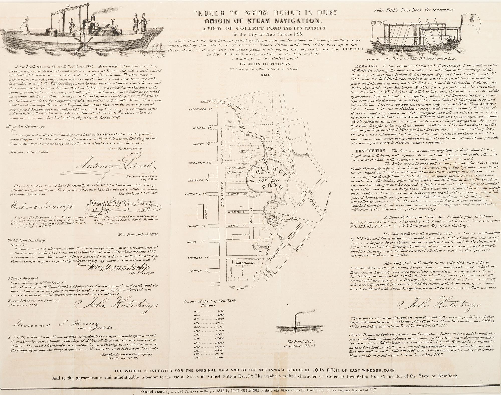[TRANSPORTATION] -- [NEW YORK CITY.] HUTCHINGS, John. "Honor to Whom Honor is Due." Origin of Steam Navigation. Williamsburgh, Long Island, [NY]: John Hutchings, 1846.