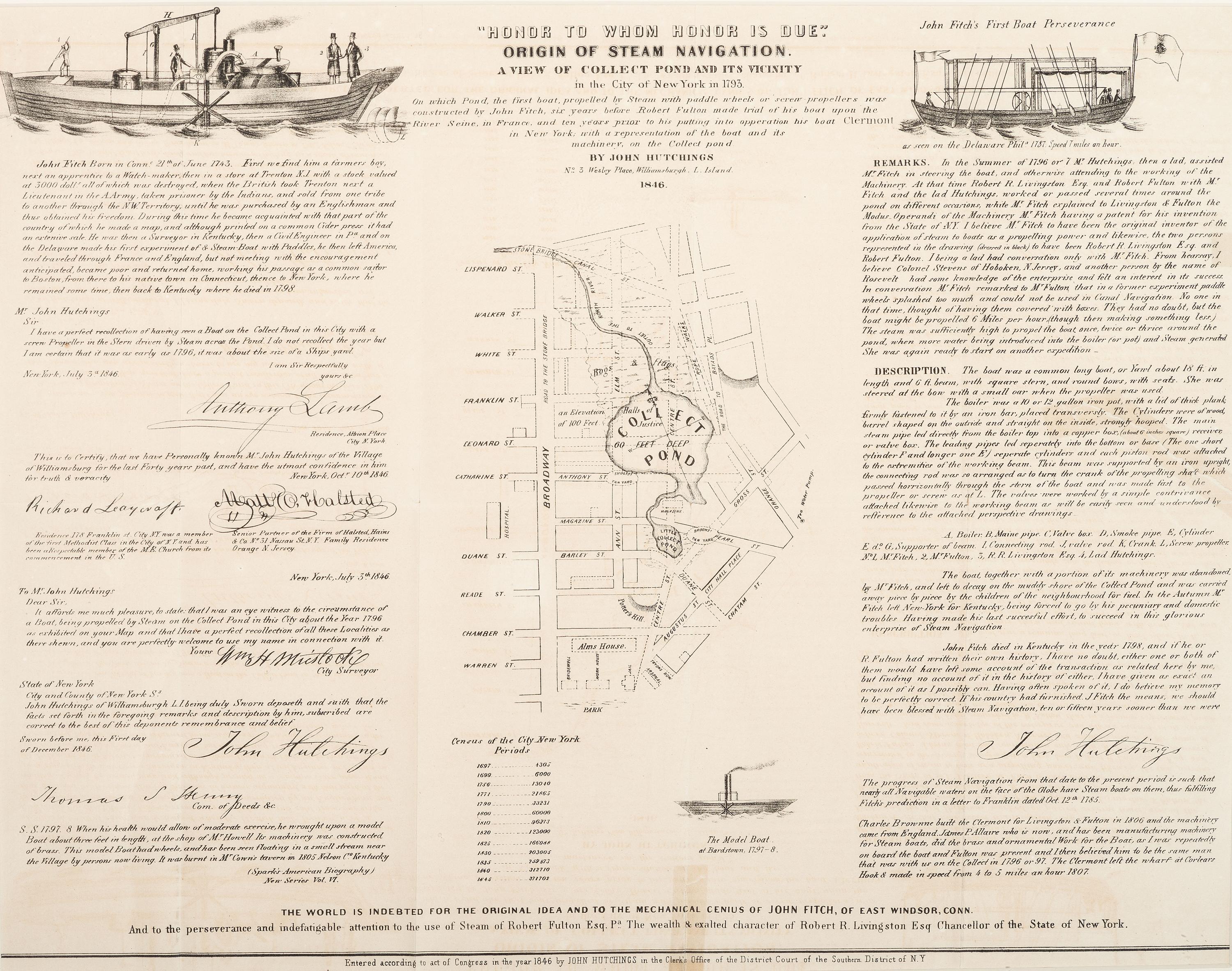 [TRANSPORTATION] -- [NEW YORK CITY.] HUTCHINGS, John. "Honor to Whom Honor is Due." Origin of Steam Navigation. Williamsburgh, Long Island, [NY]: John Hutchings, 1846.