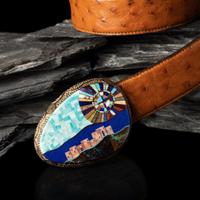 Alvin Yellowhorse (Diné, b. 1968) — Silver and Mosaic Inlay Pueblo Scene Belt Buckle