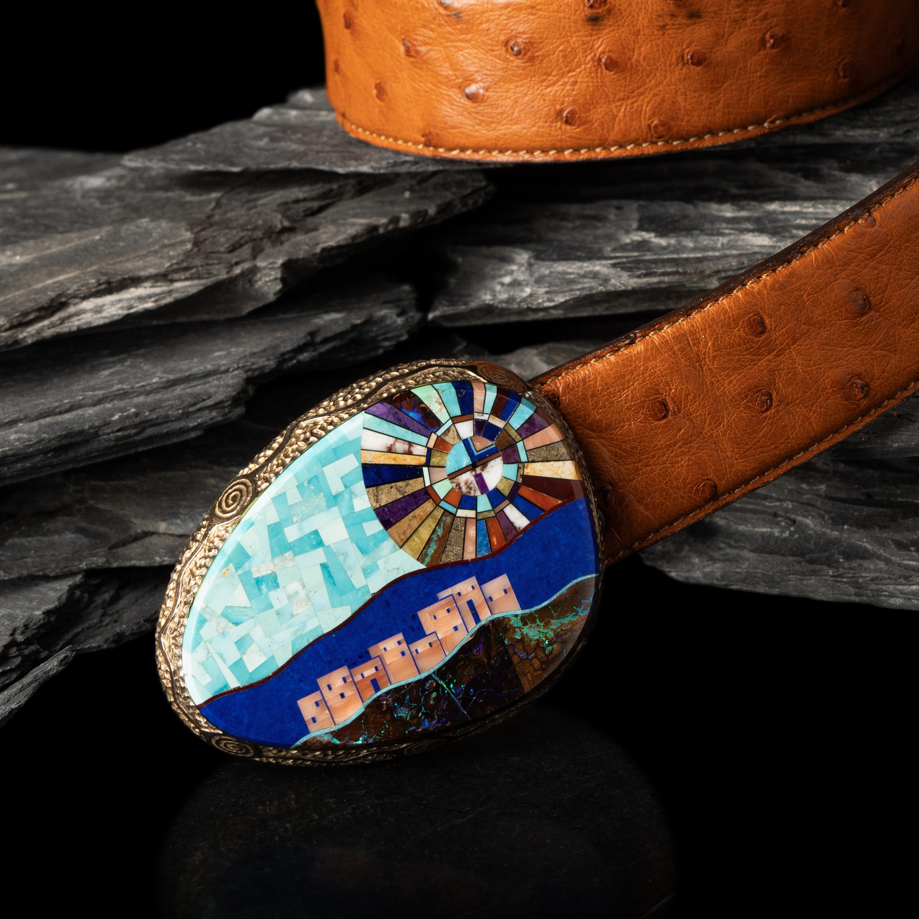 Alvin Yellowhorse (Diné, b. 1968) — Silver and Mosaic Inlay Pueblo Scene Belt Buckle