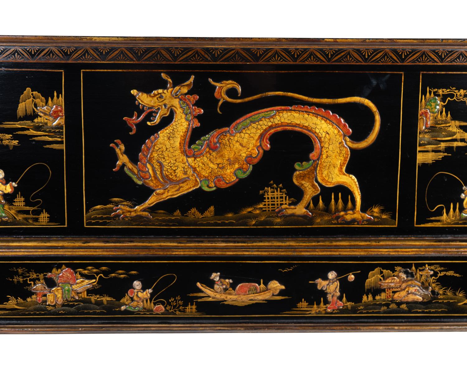 An Edwardian Black and Gilt Chinoiserie Decorated Fireplace Surround — EARLY 20TH CENTURY