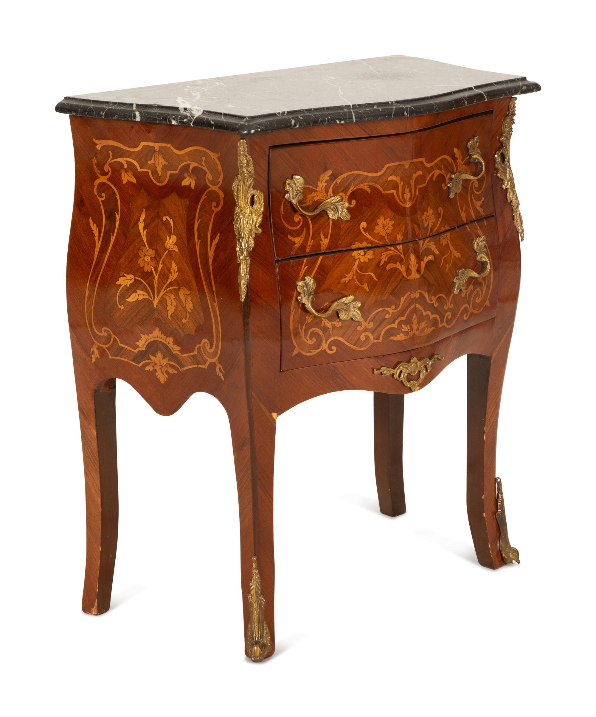 Two French Marble Top Gilt Metal Mounted Side Cabinets