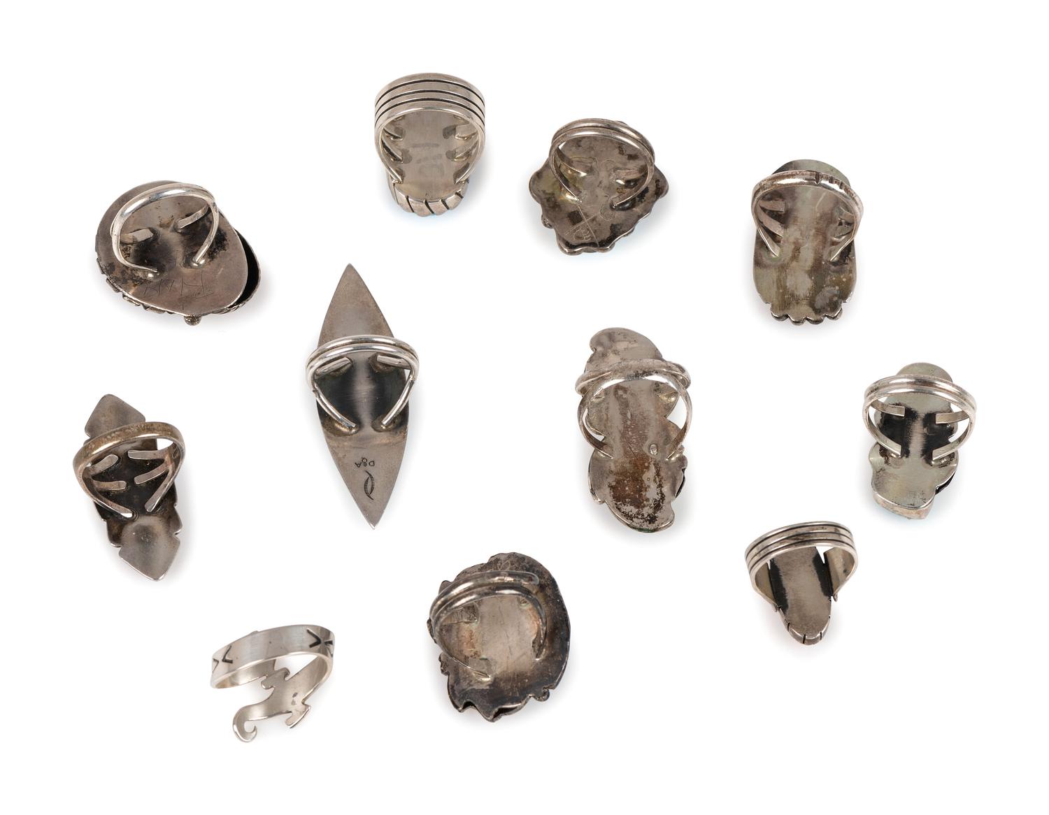 Navajo and Zuni Silver Rings, with an Assortment of Inlay