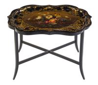 A Victorian Black Lacquered, Gilt and Polychrome Painted Papier Mache Tray on Stand Width of tray 31 inches. — 19TH CENTURY