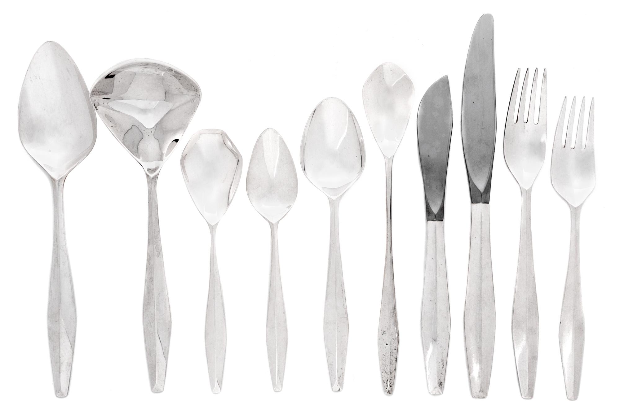 An American Silver Flatware Service for Twelve, Reed and Barton, Taunton, MA, designed by Gio Ponti (Italian, 1891-1979) Diamond patter