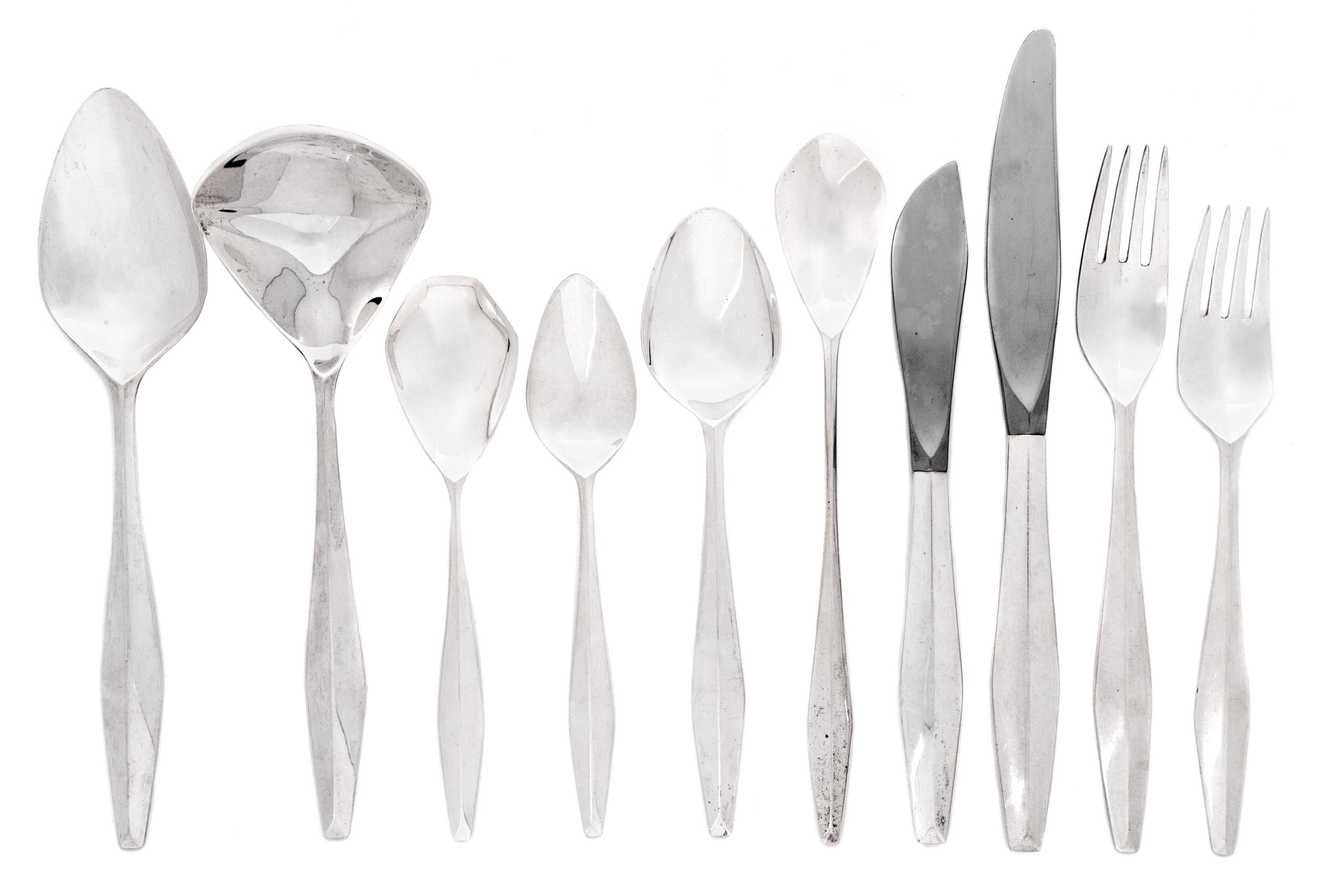 An American Silver Flatware Service for Twelve, Reed and Barton, Taunton, MA, designed by Gio Ponti (Italian, 1891-1979) Diamond patter