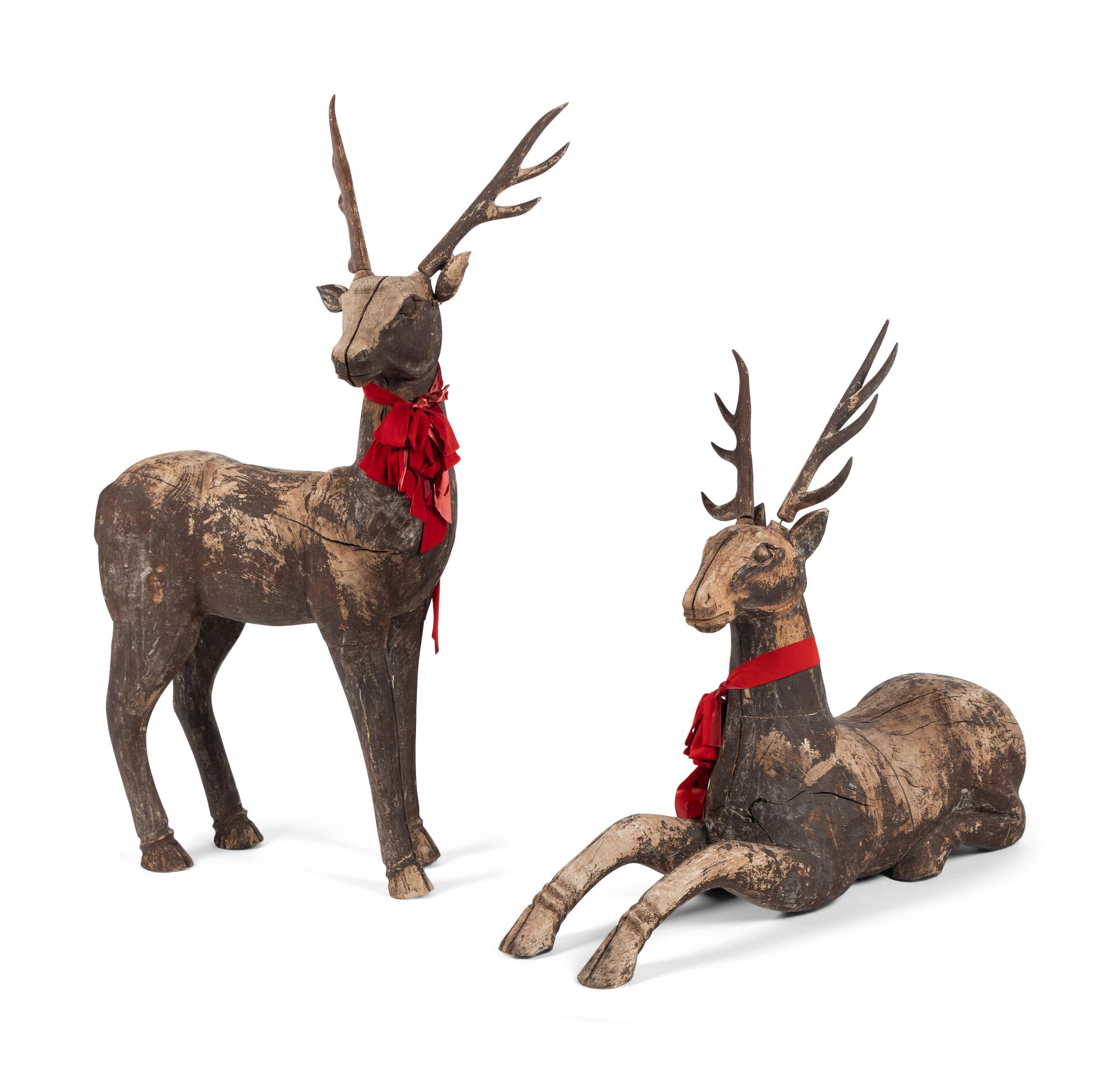 A Pair of Southeast Asian Carved Teak Deer Figures