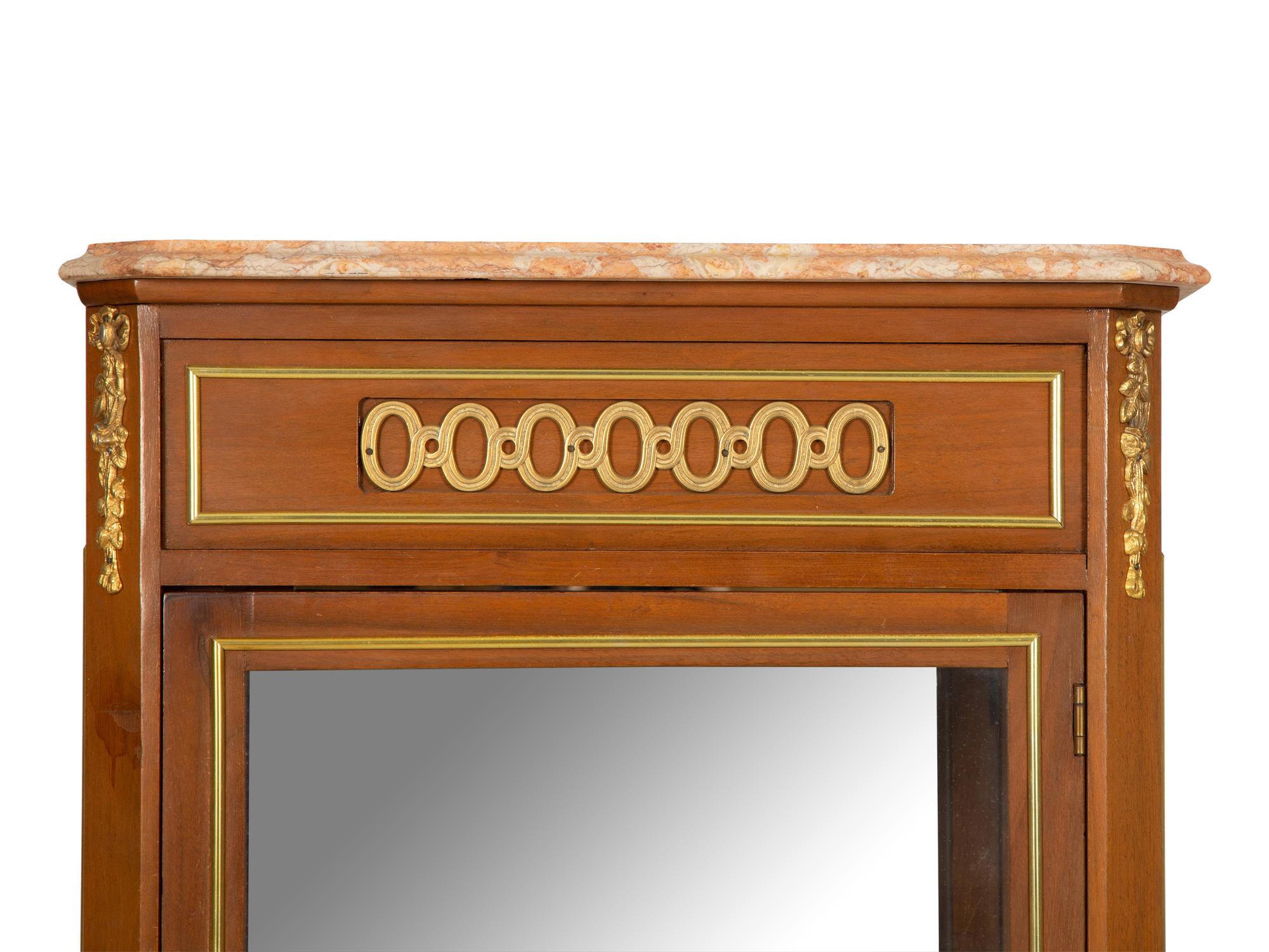 A Louis XV/XVI Transitional Style Gilt-Metal Mounted Mahogany Marble-Top Vitrine Cabinet