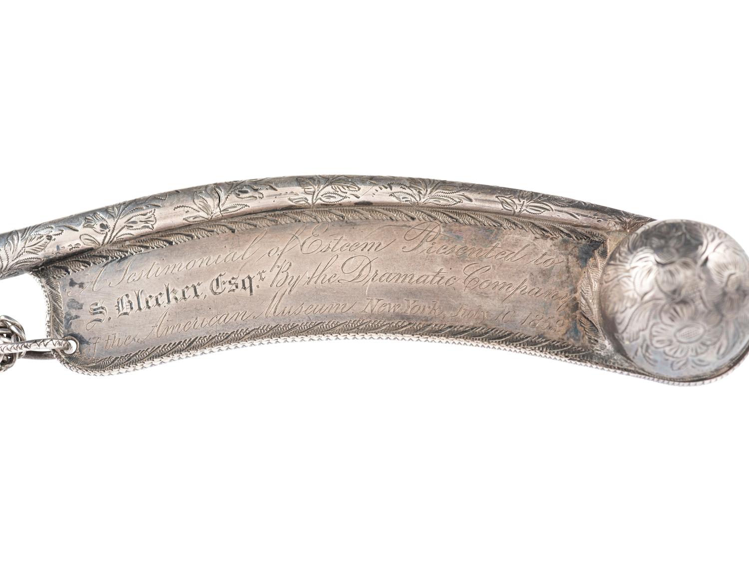 [ENTERTAINMENT]. A silver boatswain's whistle presented to Sylvester Bleeker by the "Dramatic Company of the American Museum, New York, July 10 1852.