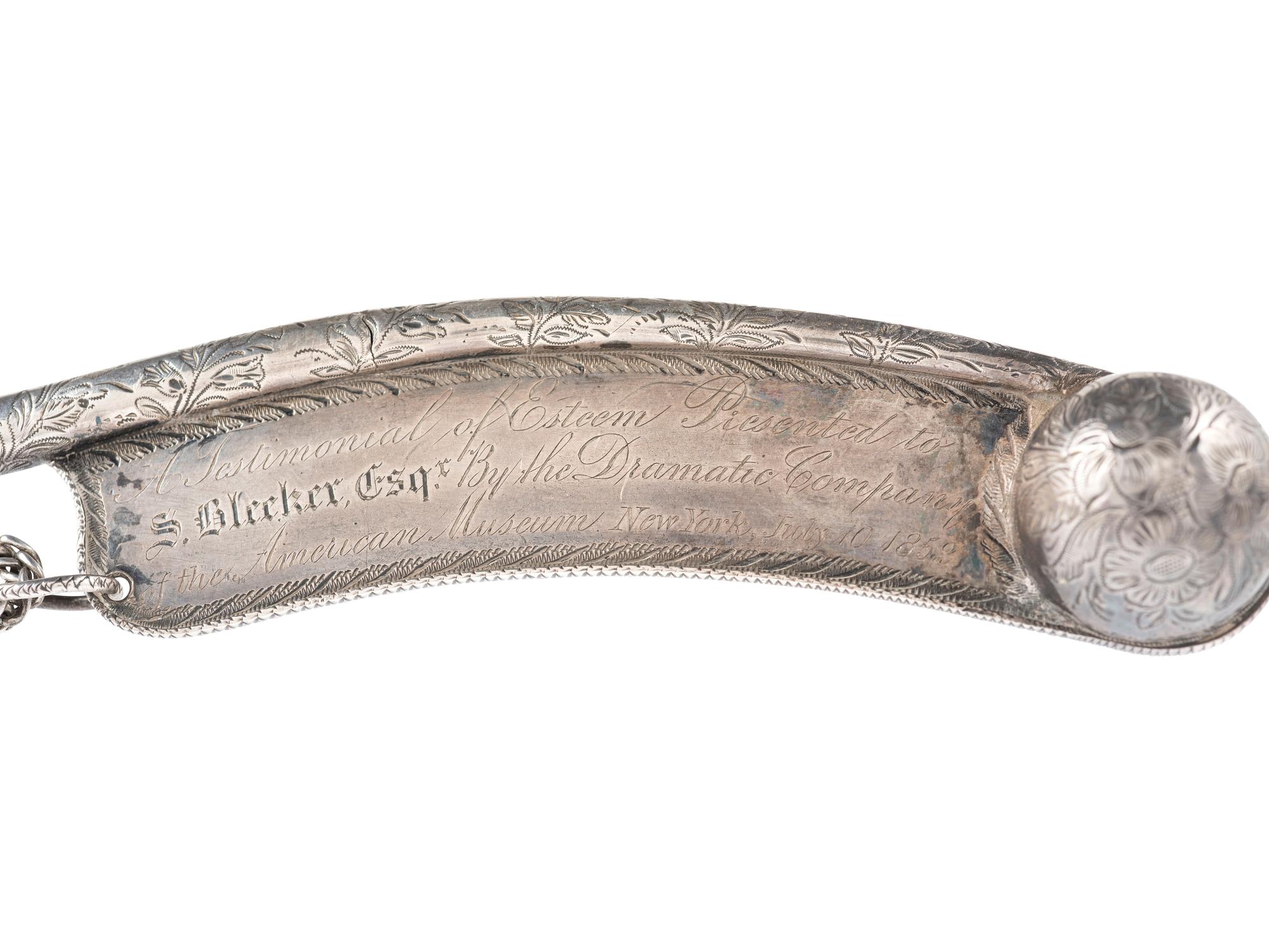 [ENTERTAINMENT]. A silver boatswain's whistle presented to Sylvester Bleeker by the "Dramatic Company of the American Museum, New York, July 10 1852.