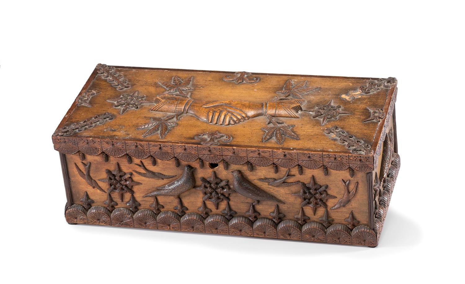 A Masonic Handshake and Bird Decorated Document Box