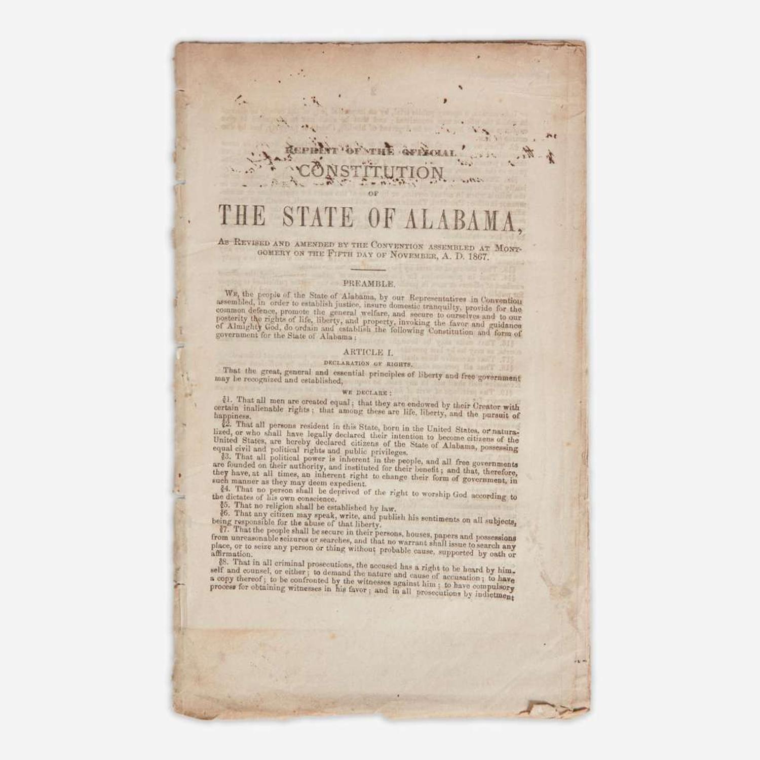 [Americana] [Alabama] Reprint of the Official Constitution of the State of Alabama, as Revised and Amended by the Convention Assembled at Montgomery on the Fifth Day of November, A. D. 1867