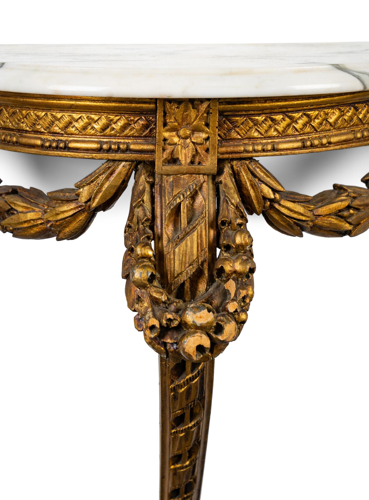 A Louis XVI Style Carved Giltwood Marble Top Demi-lune Wall Console — 19TH CENTURY