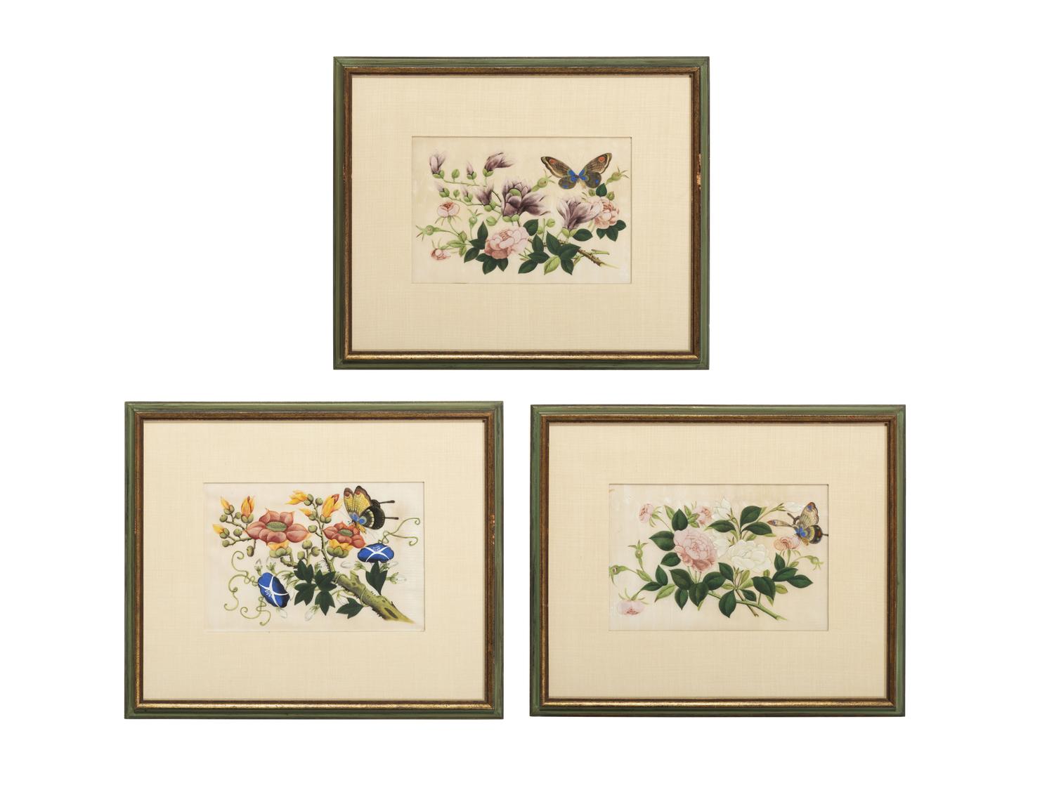 Three Chinese Pith Paintings of Butterflies and Flowers