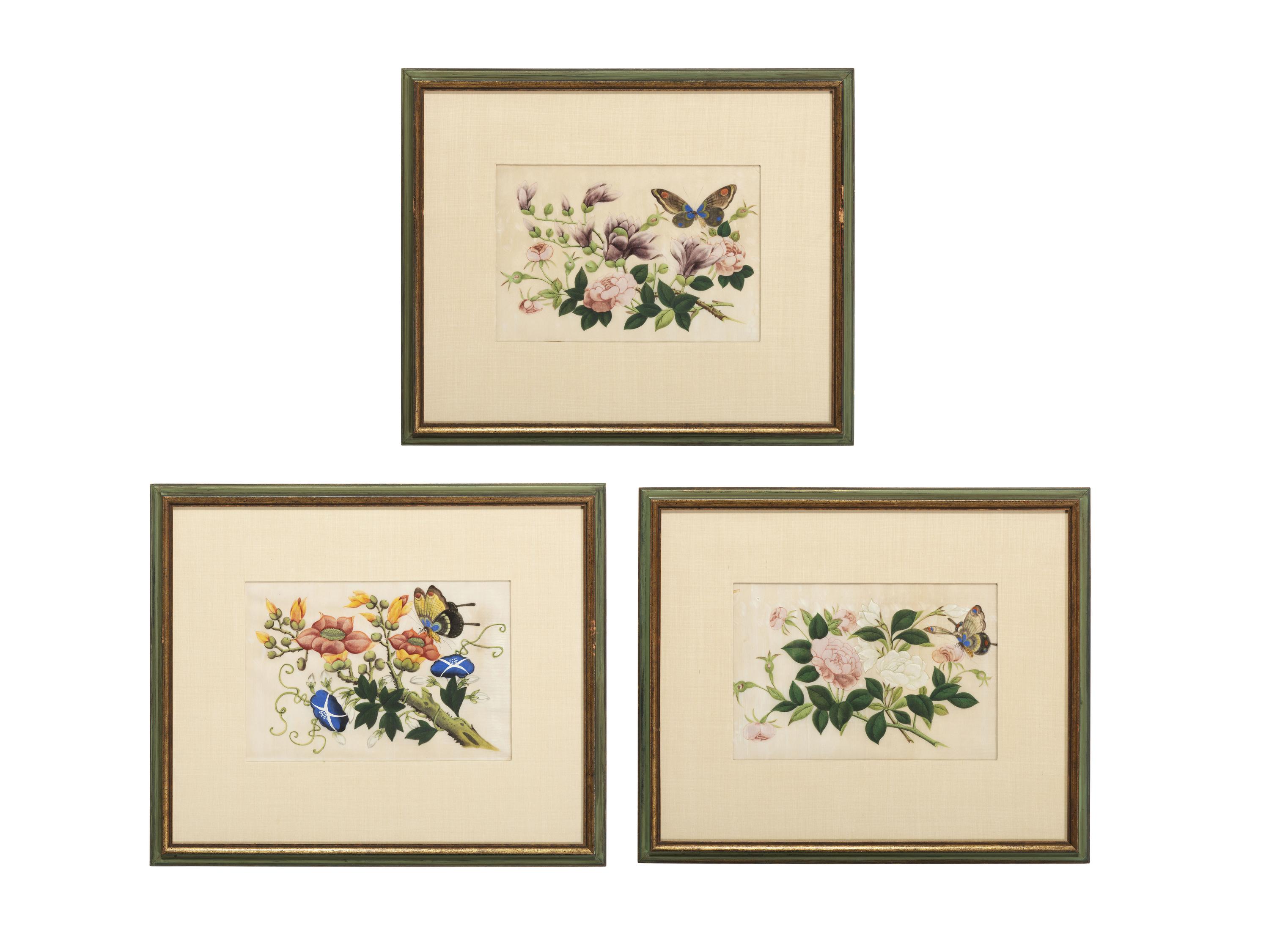 Three Chinese Pith Paintings of Butterflies and Flowers