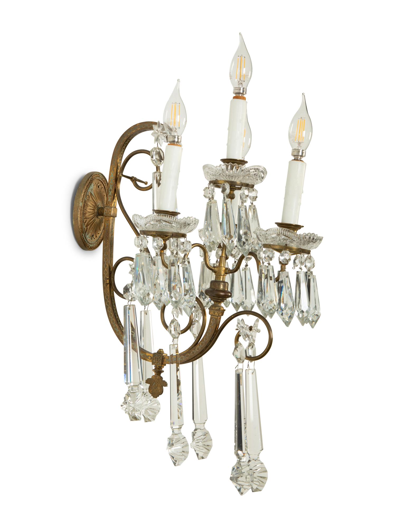 A Pair of Continental Gilt Metal and Cut Glass Four-Light Sconces