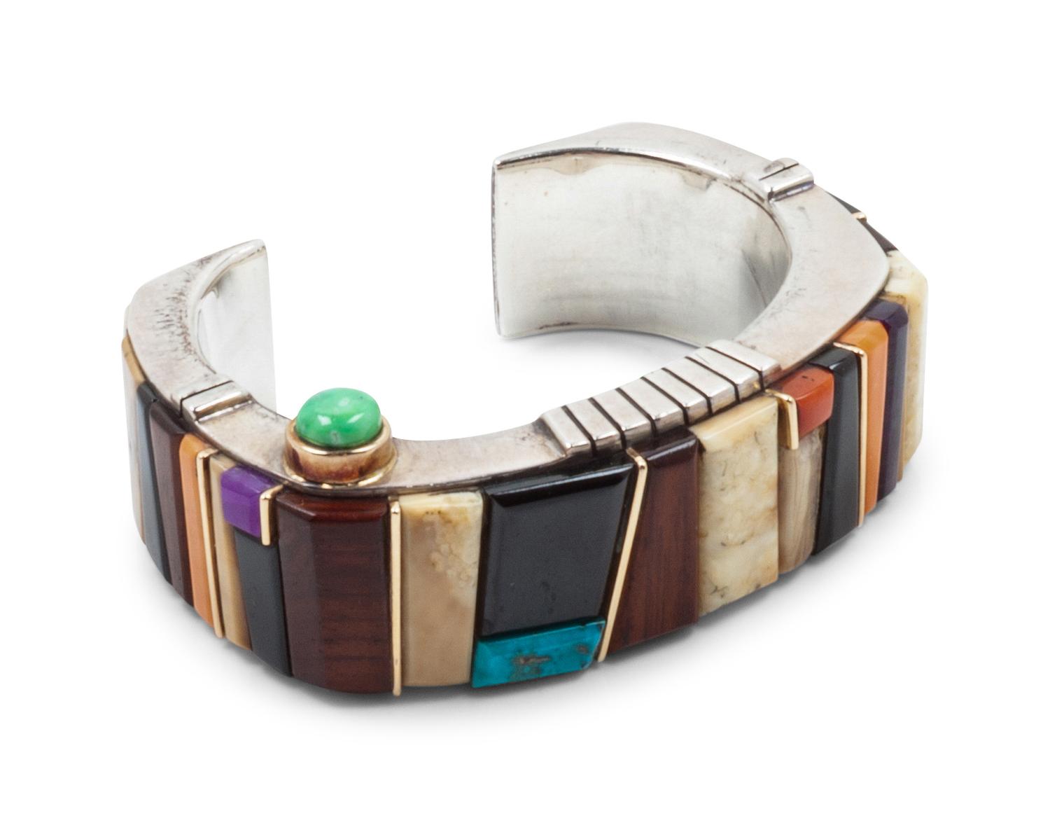 Sterling silver cuff bracelet, with mosaic inlay and 14k gold accents