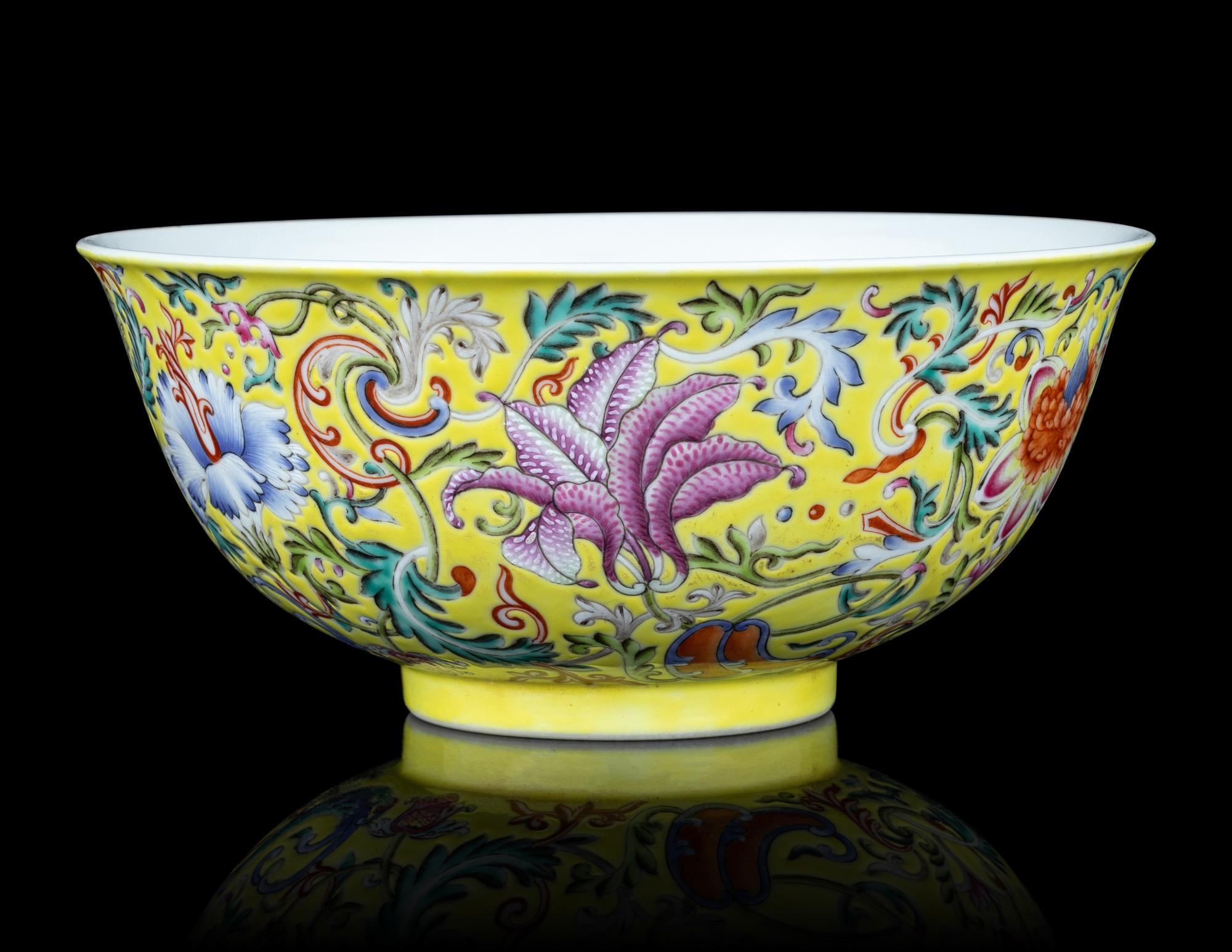 A Yellow-Ground Famille Rose Porcelain 'Floral' Bowl