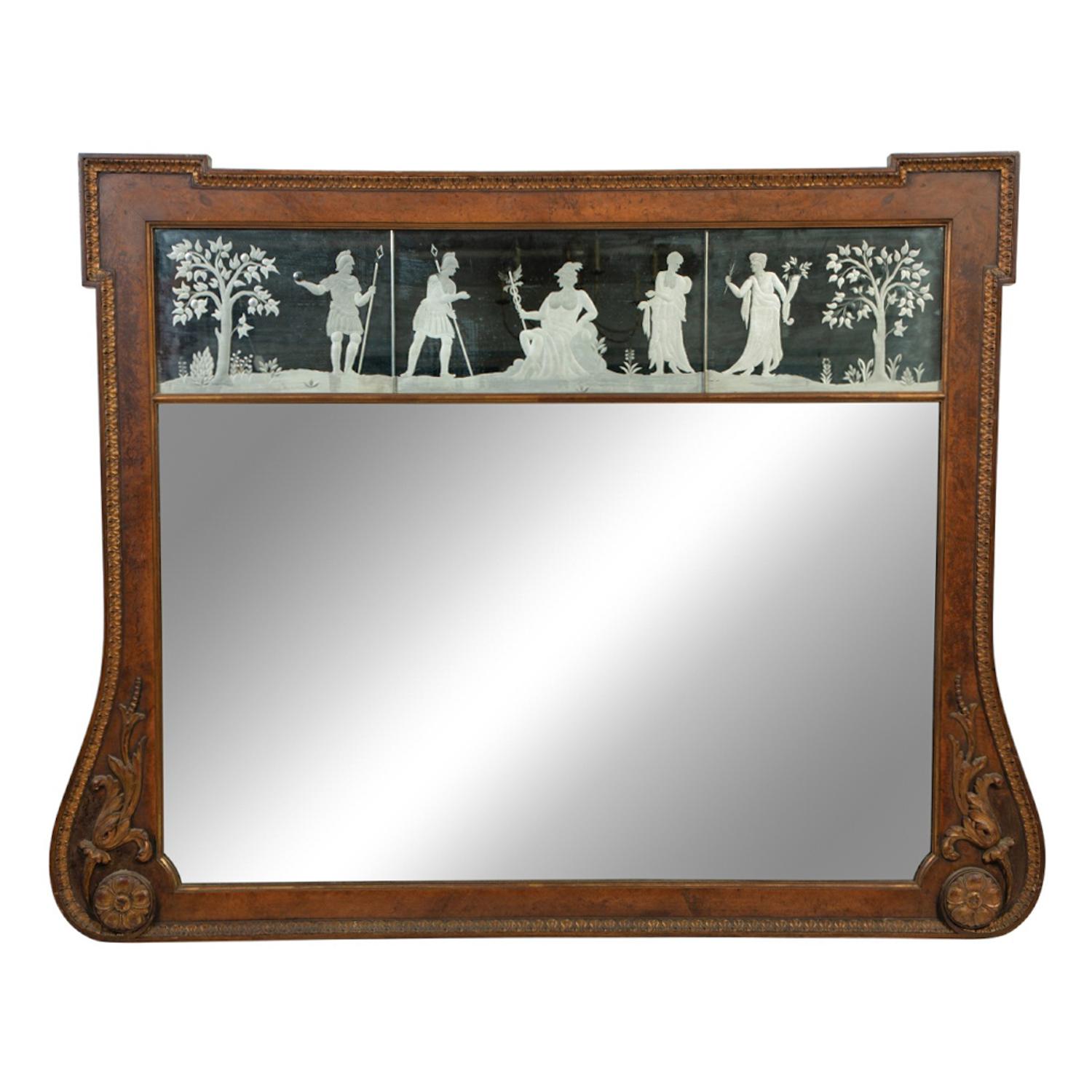 An Edwardian Carved Walnut and Etched Glass Overmantel Mirror