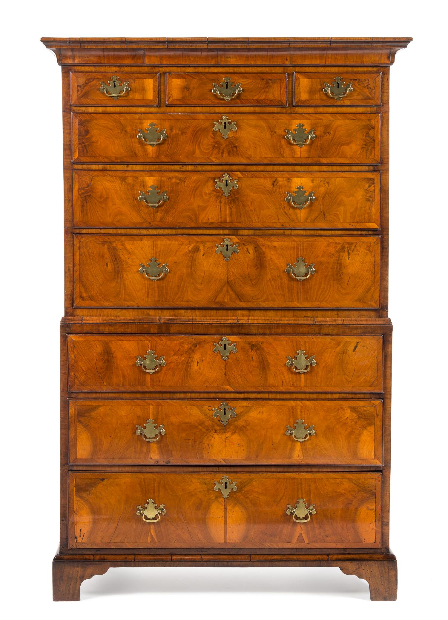 A George II Walnut Chest on Chest Height 67 x width 39 3/4 x depth 19 1/2 inches. — MID-18TH CENTURY