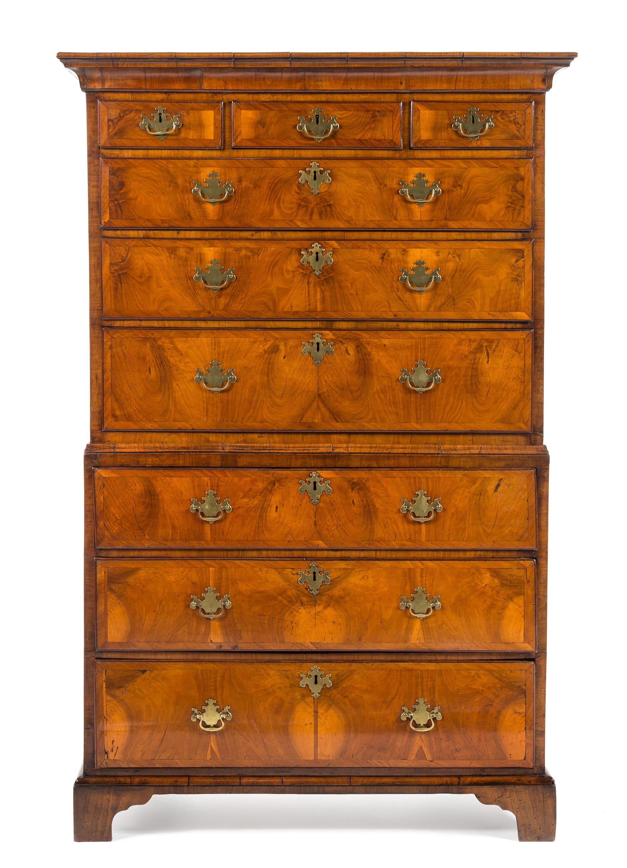 A George II Walnut Chest on Chest Height 67 x width 39 3/4 x depth 19 1/2 inches. — MID-18TH CENTURY